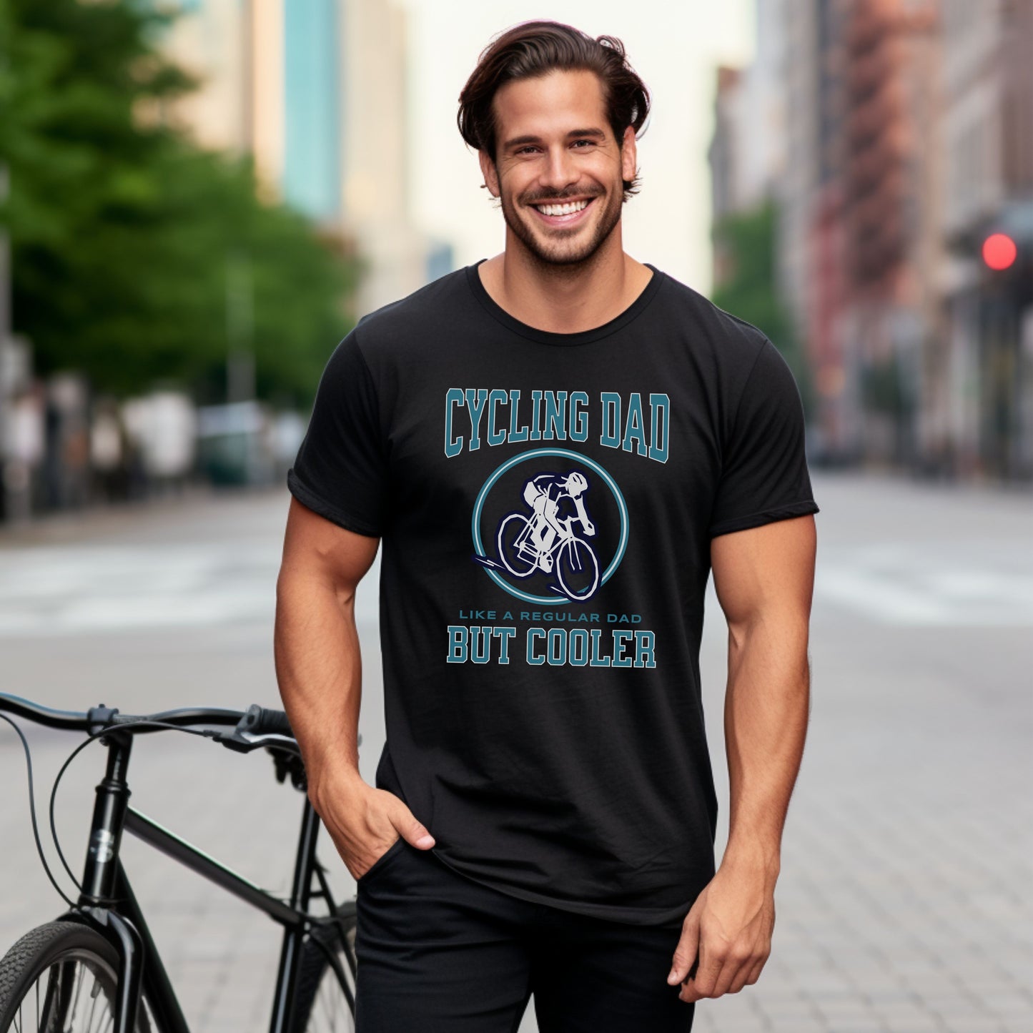 Papá en bicicleta como un papá normal pero una camiseta más fresca