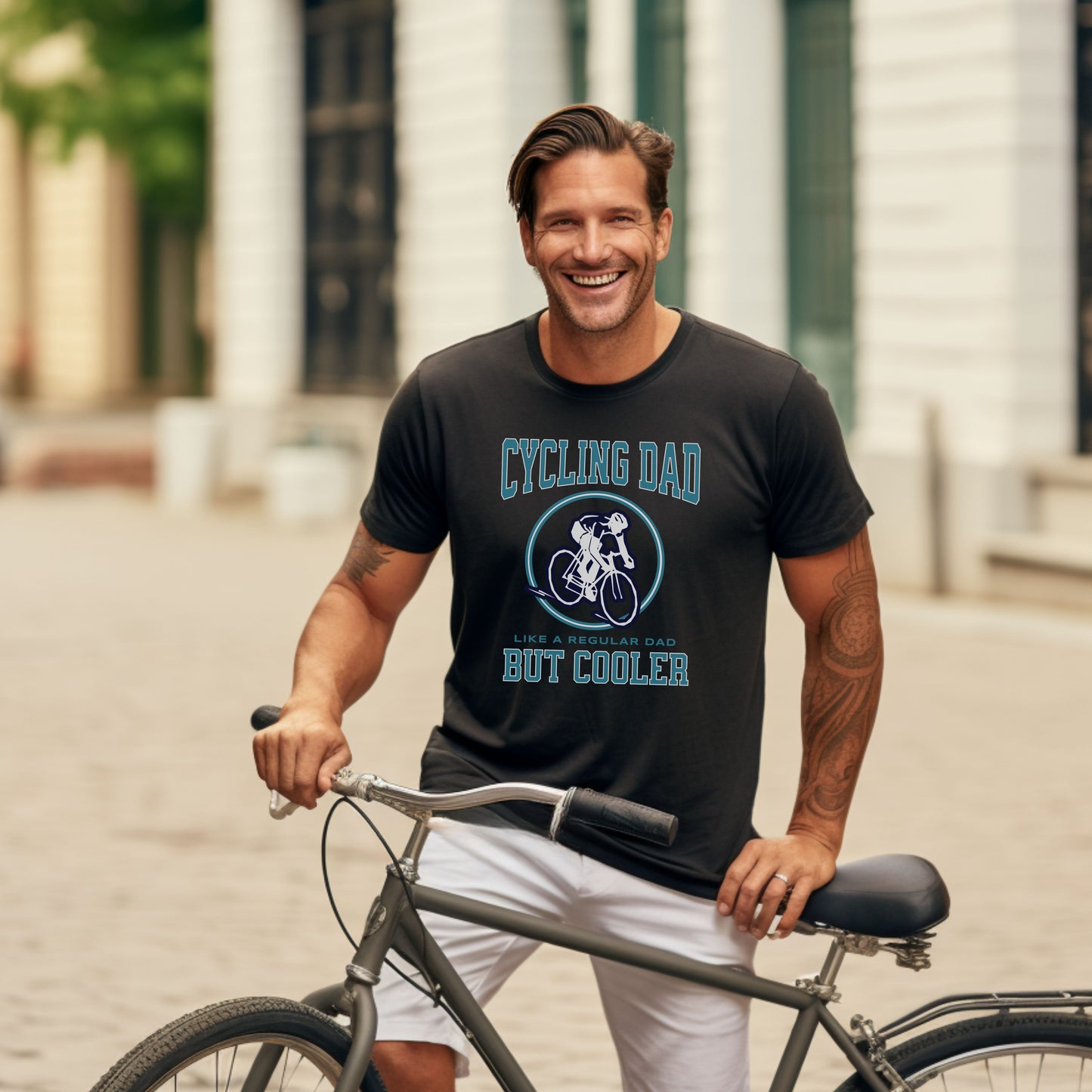 Papá en bicicleta como un papá normal pero una camiseta más fresca