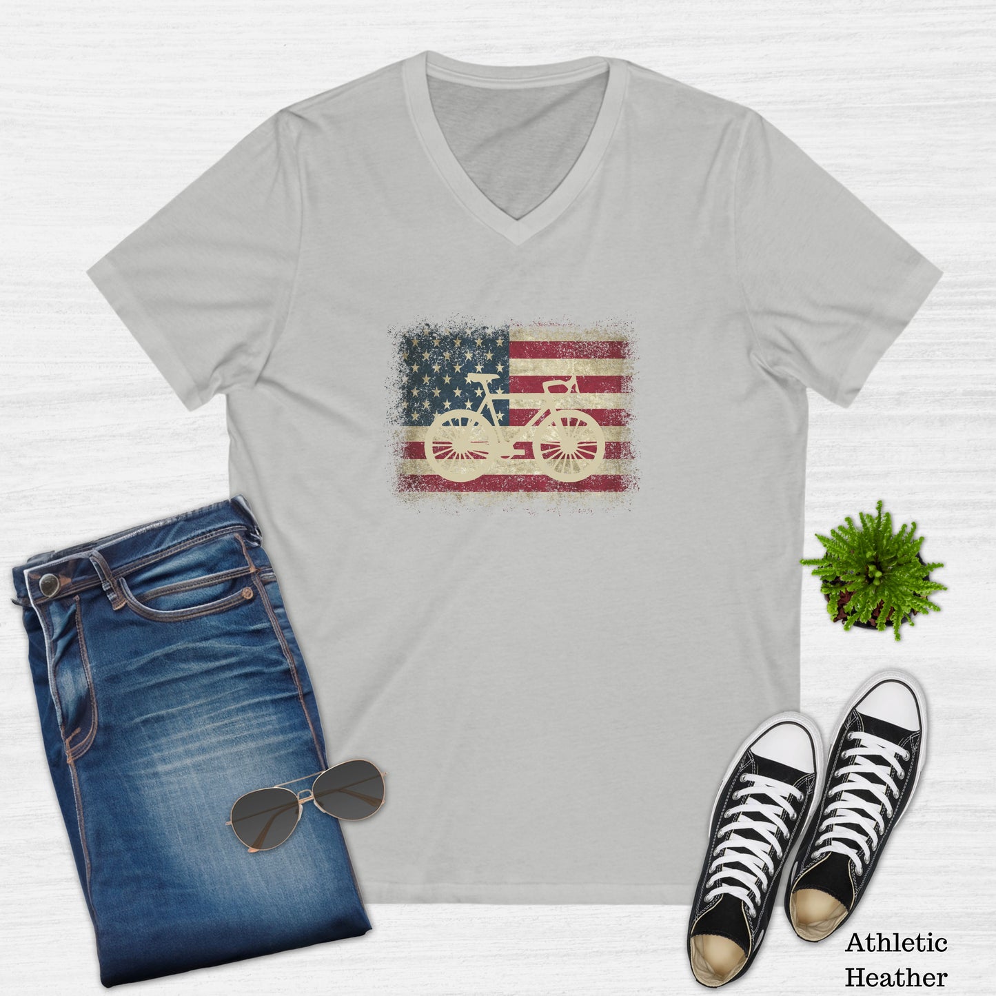 Vintage Bicycle American Flag V-Neck T-Shirt