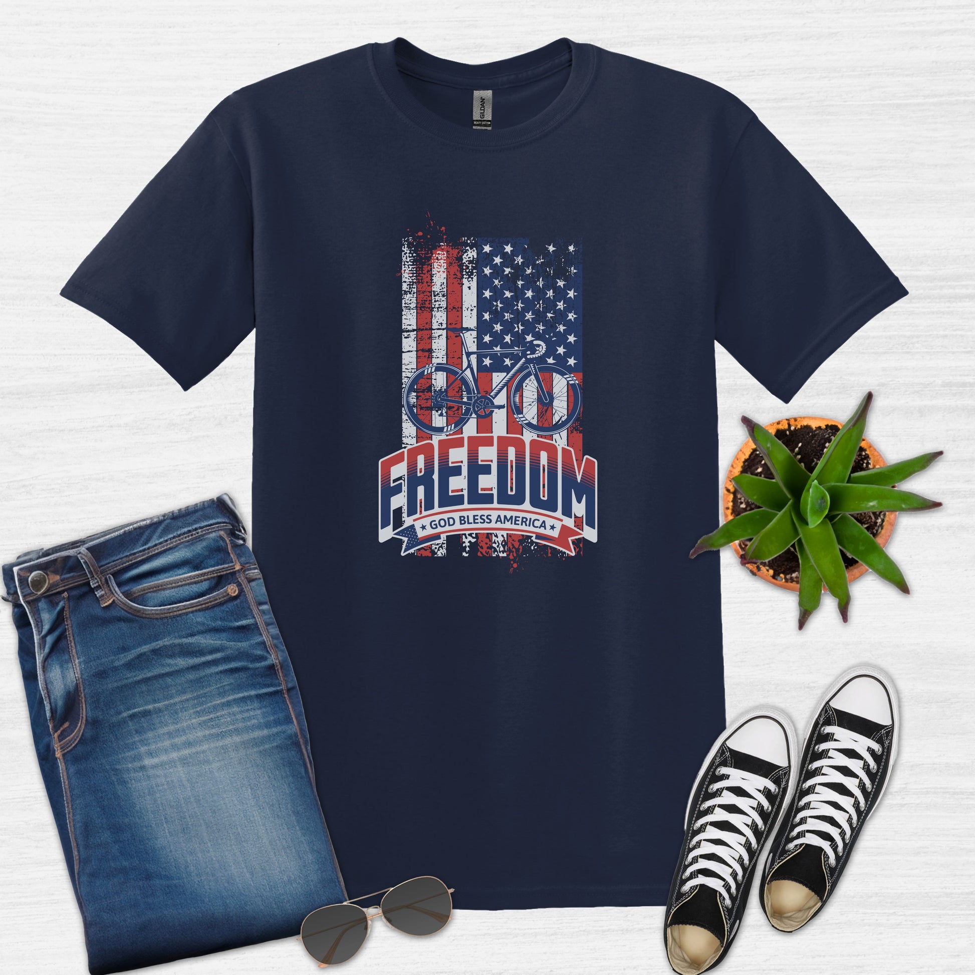 Bike Bliss American Flag USA Freedom Bike T-Shirt for Men Navy