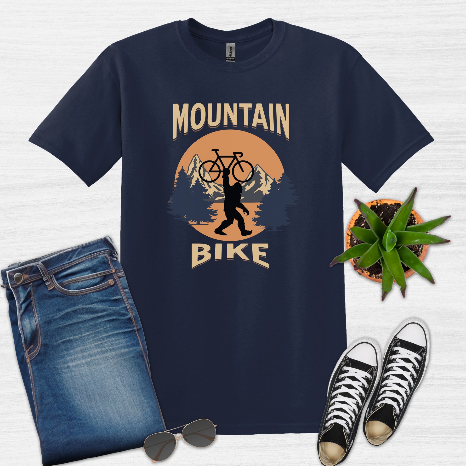 Bike Bliss Bigfoot Mountain Bike T-Shirt for Outdoor Cycling Enthusiasts for Men Navy