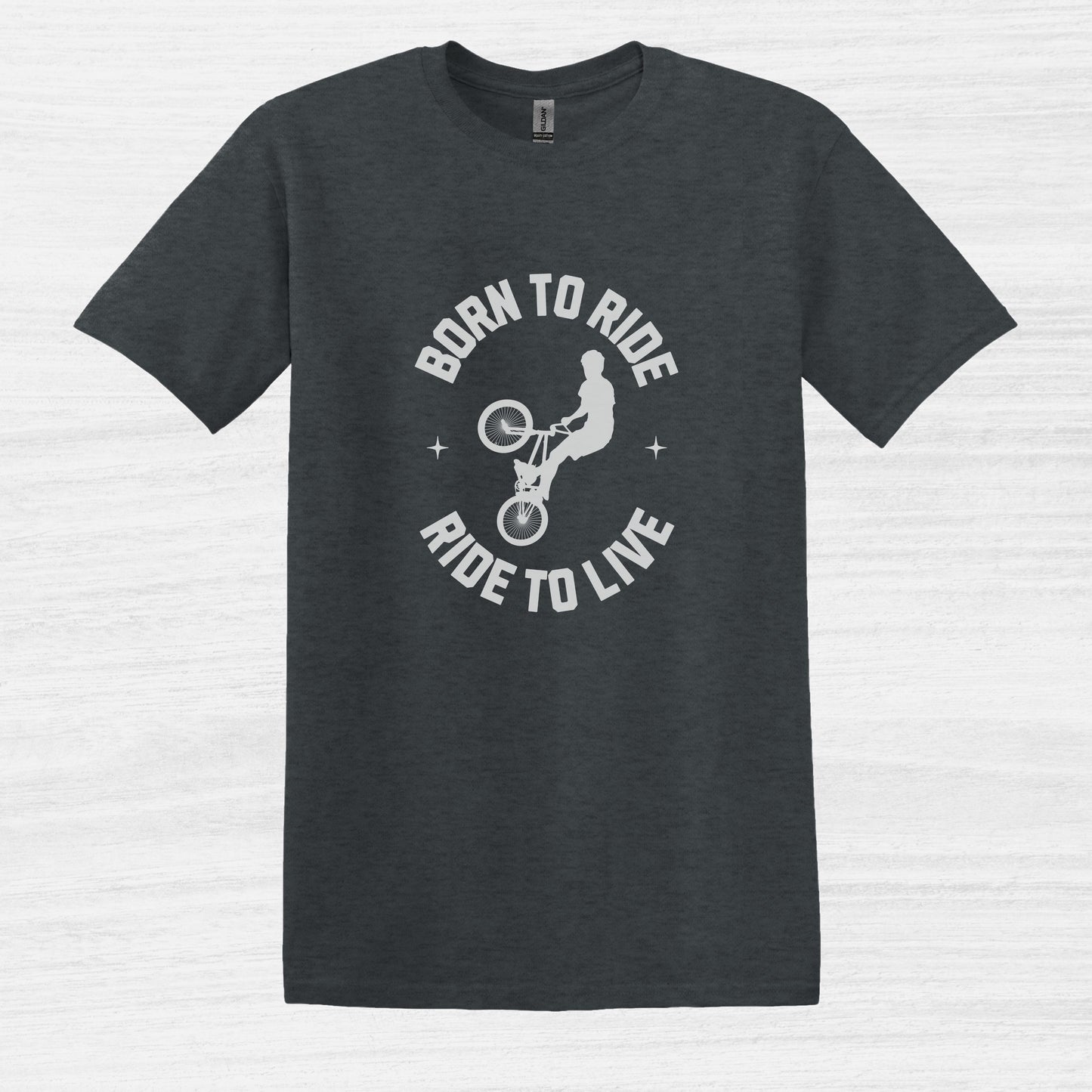 Bike Bliss Born to Ride Ride to Live BMX Jump Bike T-shirt for Men Dark Heather 2