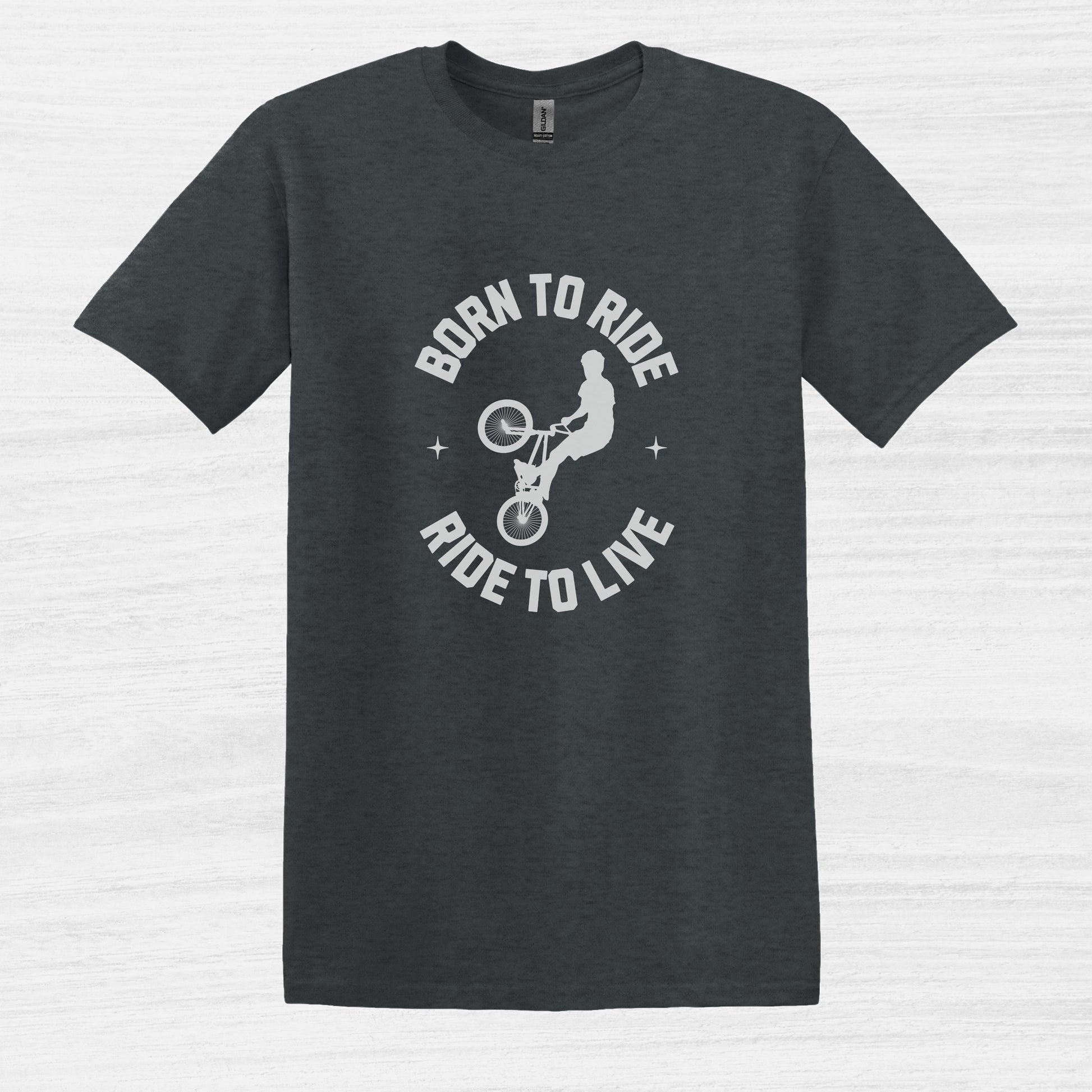 Bike Bliss Born to Ride Ride to Live BMX Jump Bike T-shirt for Men Dark Heather 2