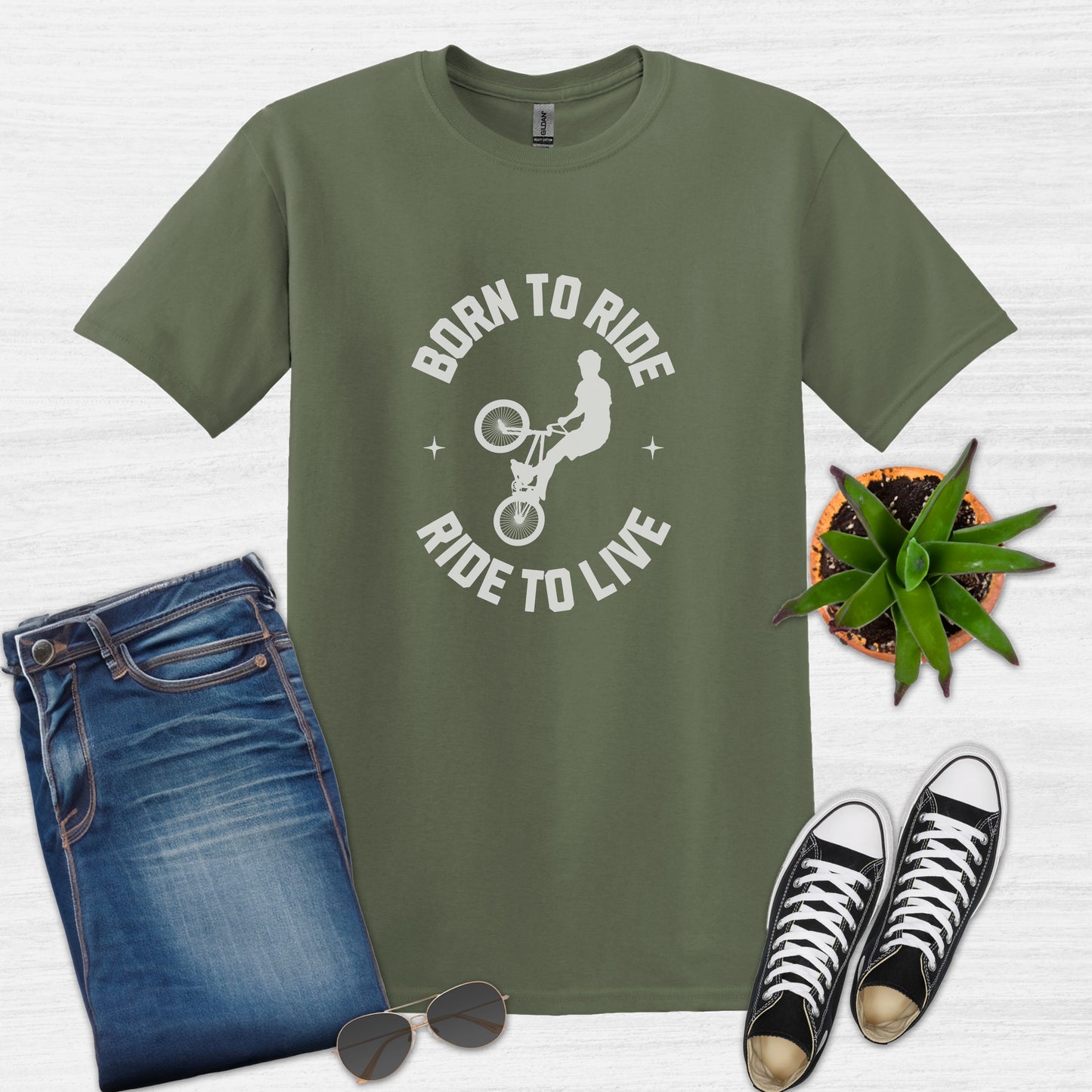 Bike Bliss Born to Ride Ride to Live BMX Jump Bike T-shirt for Men Military Green
