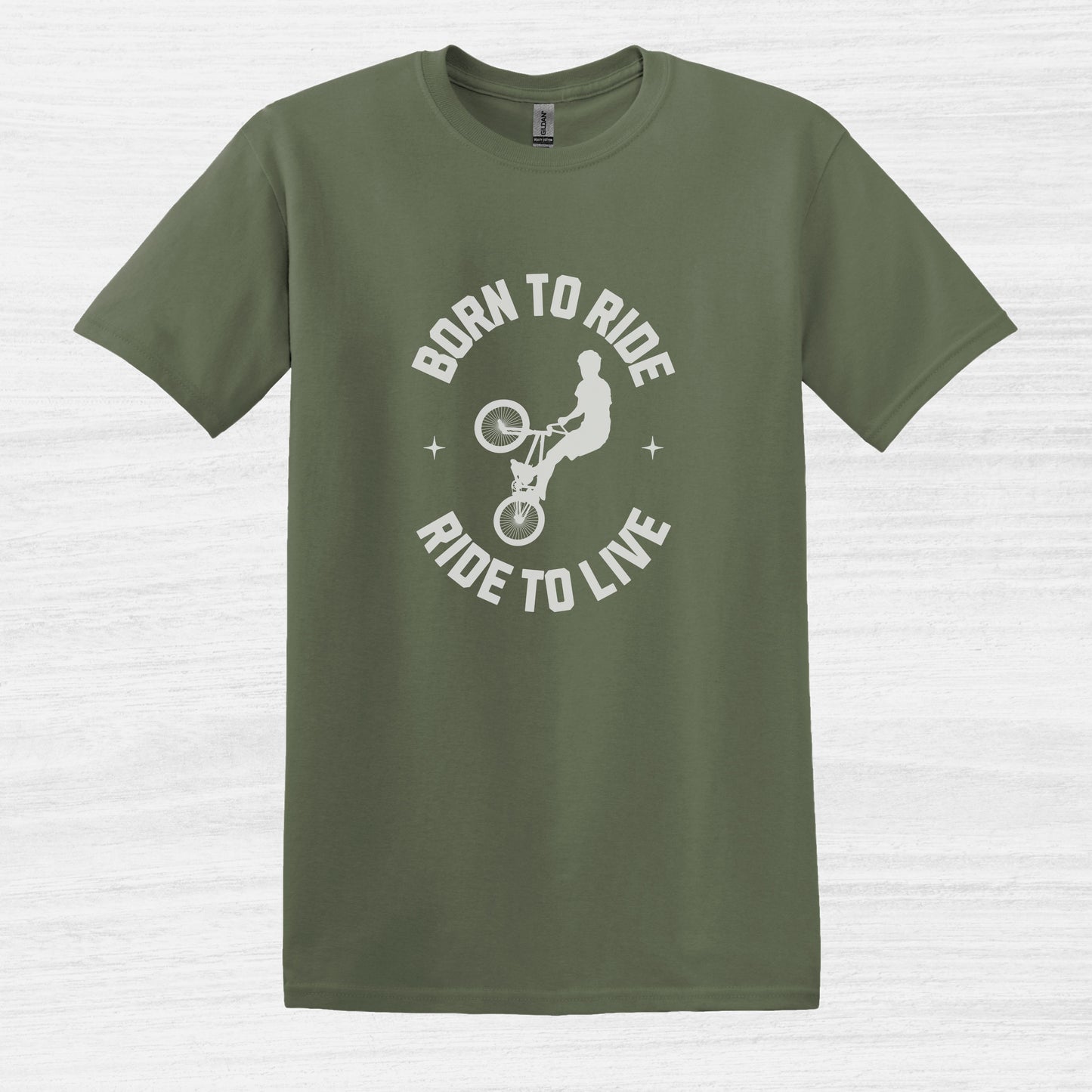 Bike Bliss Born to Ride Ride to Live BMX Jump Bike T-shirt for Men Military Green 2