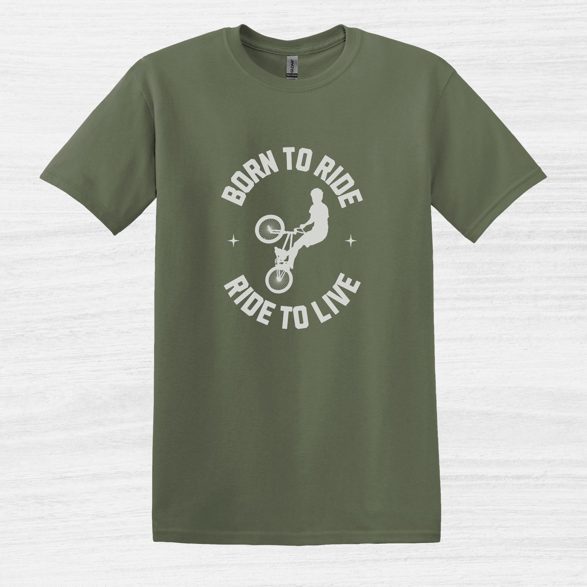 Bike Bliss Born to Ride Ride to Live BMX Jump Bike T-shirt for Men Military Green 2
