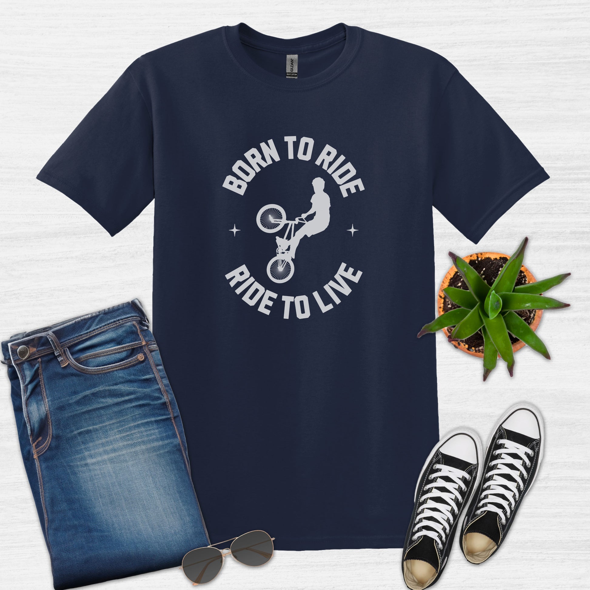 Bike Bliss Born to Ride Ride to Live BMX Jump Bike T-shirt for Men Navy