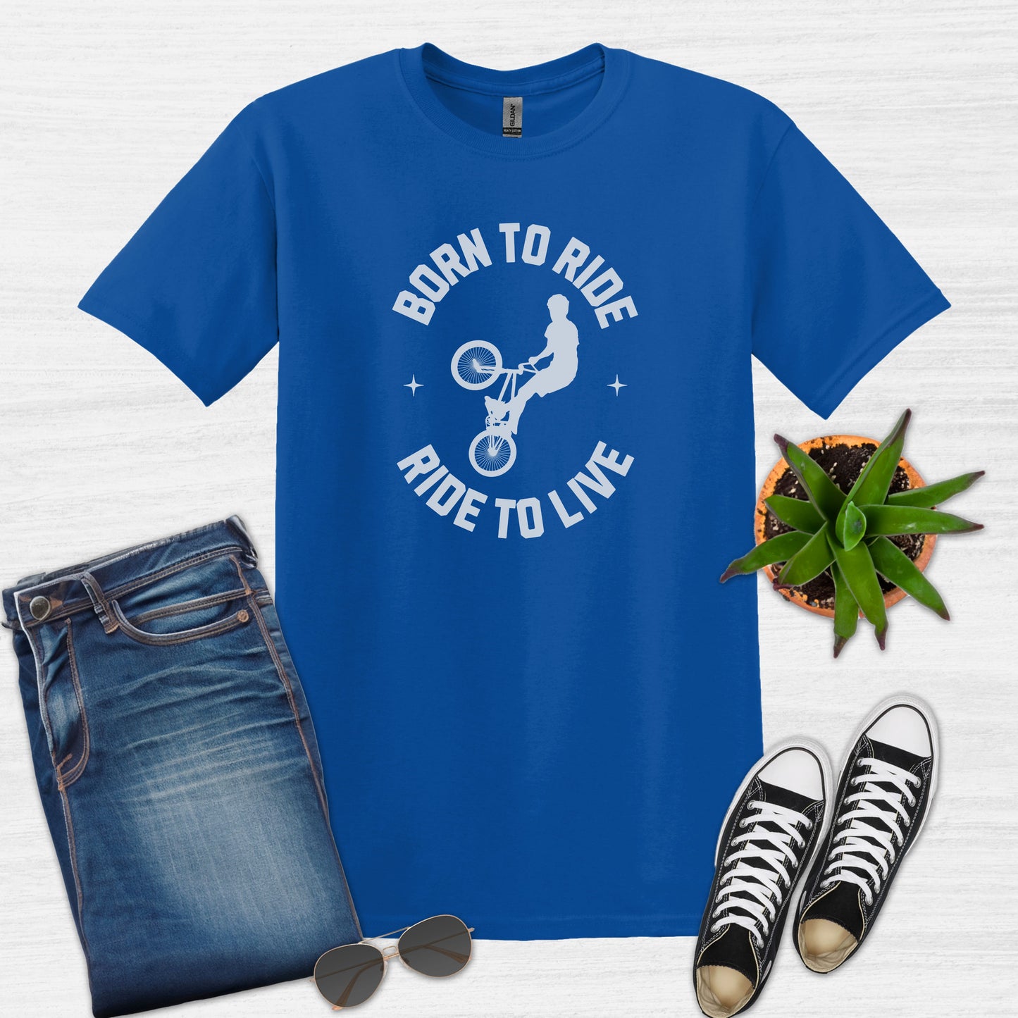 Bike Bliss Born to Ride Ride to Live BMX Jump Bike T-shirt for Men Royal Blue