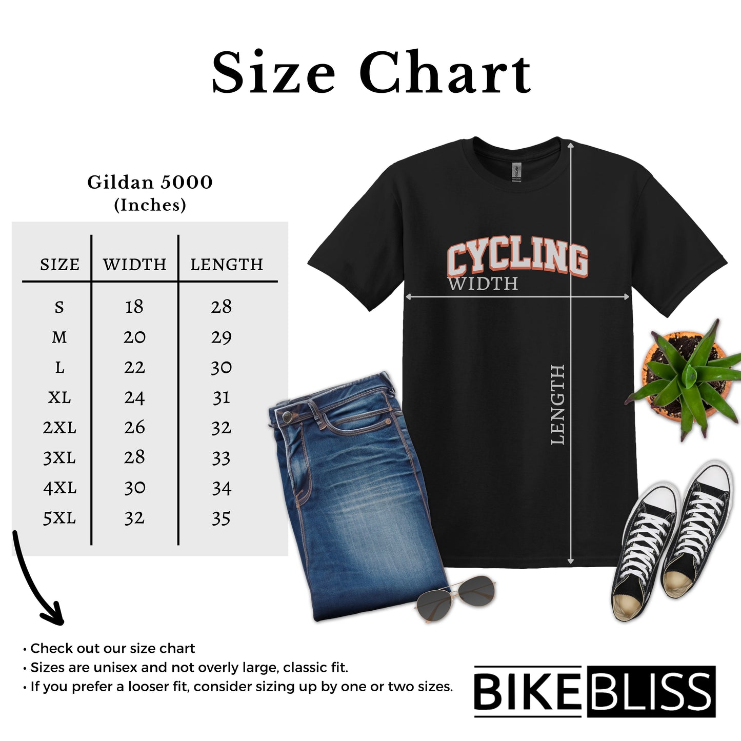 Bike Bliss Cycling Enthusiast Bike T-Shirt for Men Varsaty Style Size Chart