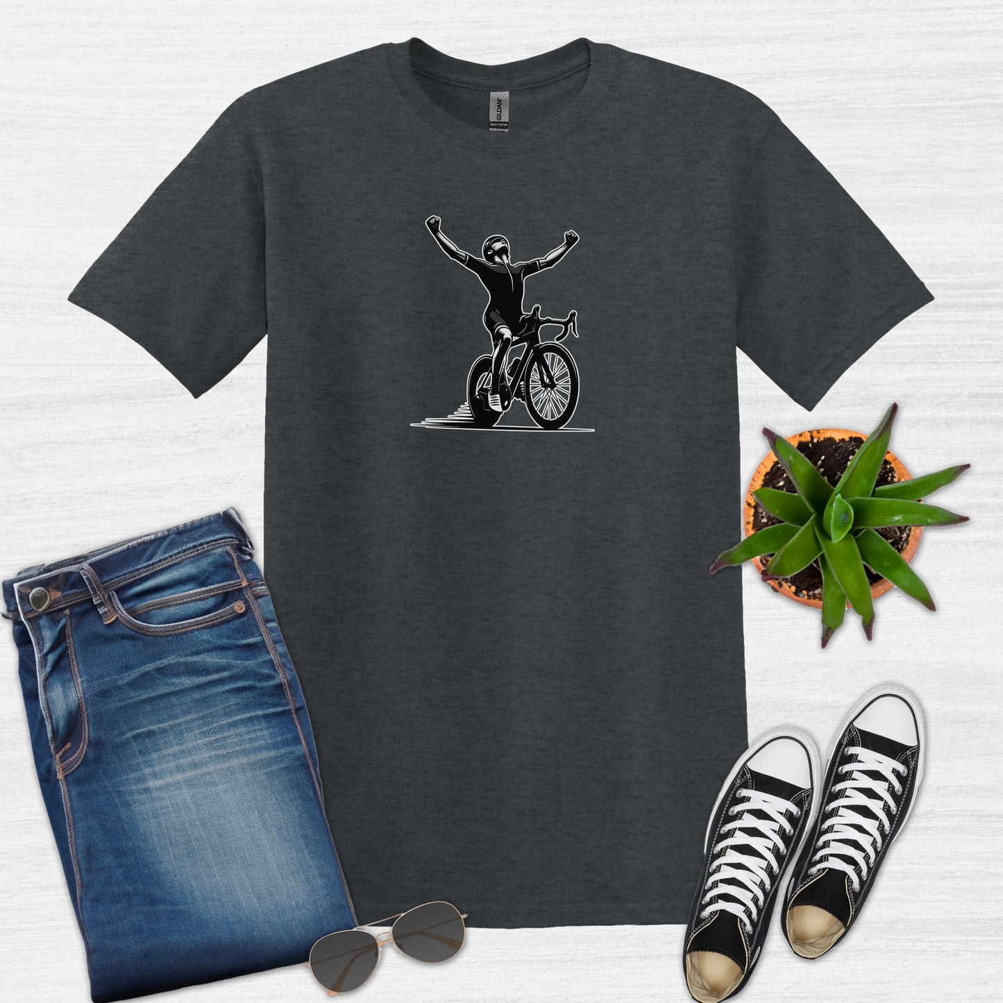 Bike Bliss Cyclist Victory Pose Bicycle T-Shirt for Men Dark Heather