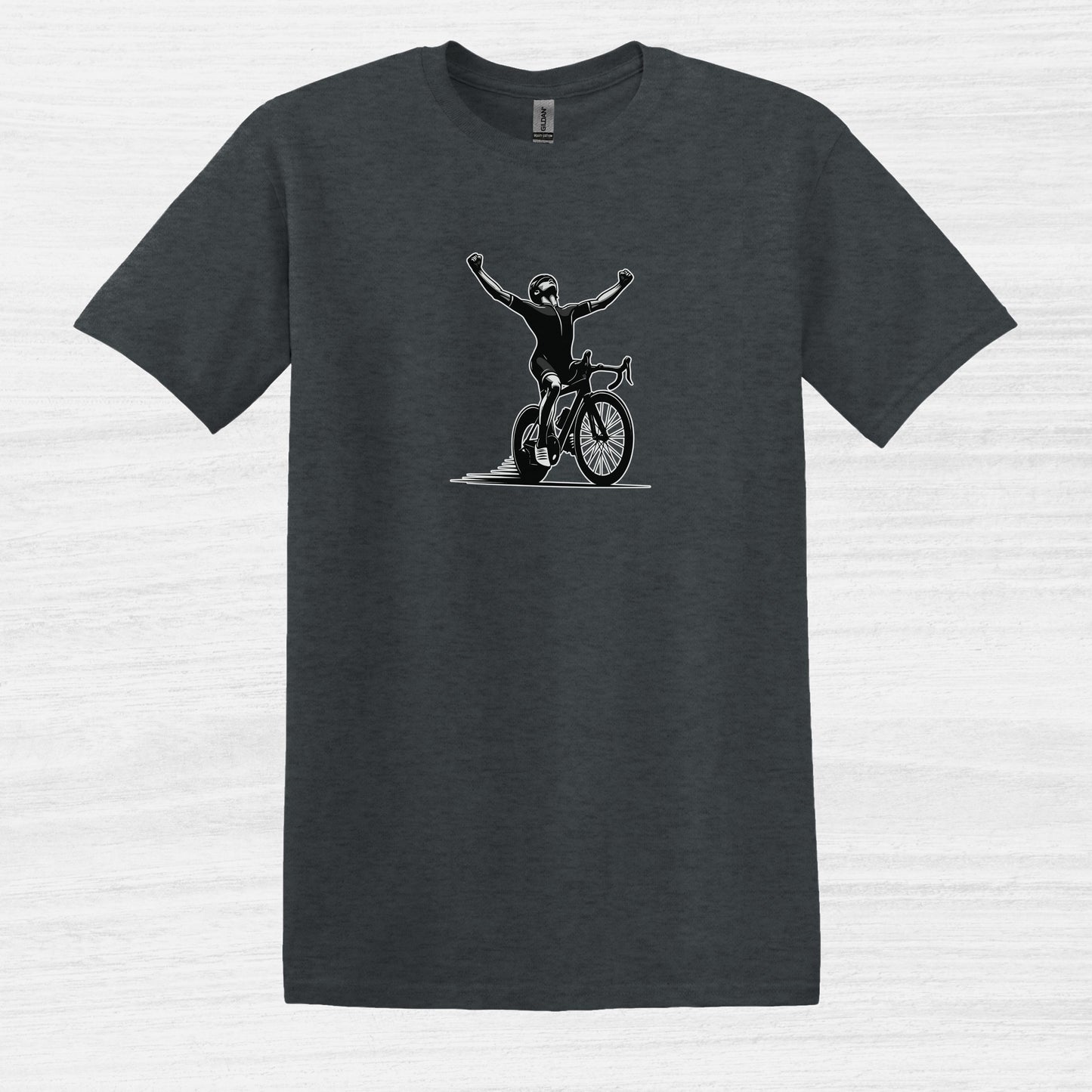 Bike Bliss Cyclist Victory Pose Bicycle T-Shirt for Men Dark Heather 2
