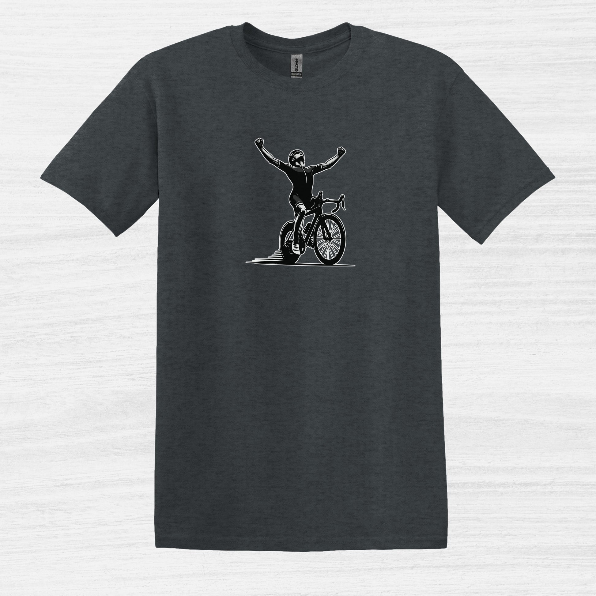 Bike Bliss Cyclist Victory Pose Bicycle T-Shirt for Men Dark Heather 2