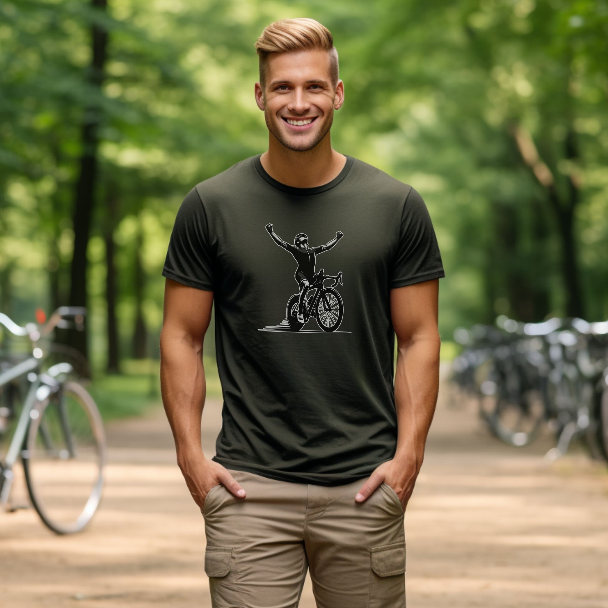 Bike Bliss Cyclist Victory Pose Bicycle T-Shirt for Men Model