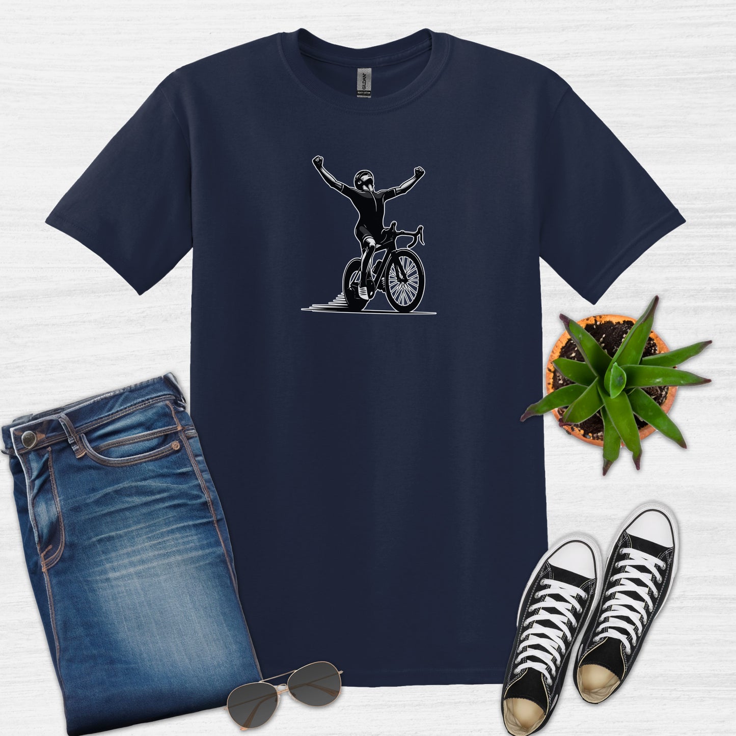 Bike Bliss Cyclist Victory Pose Bicycle T-Shirt for Men Navy