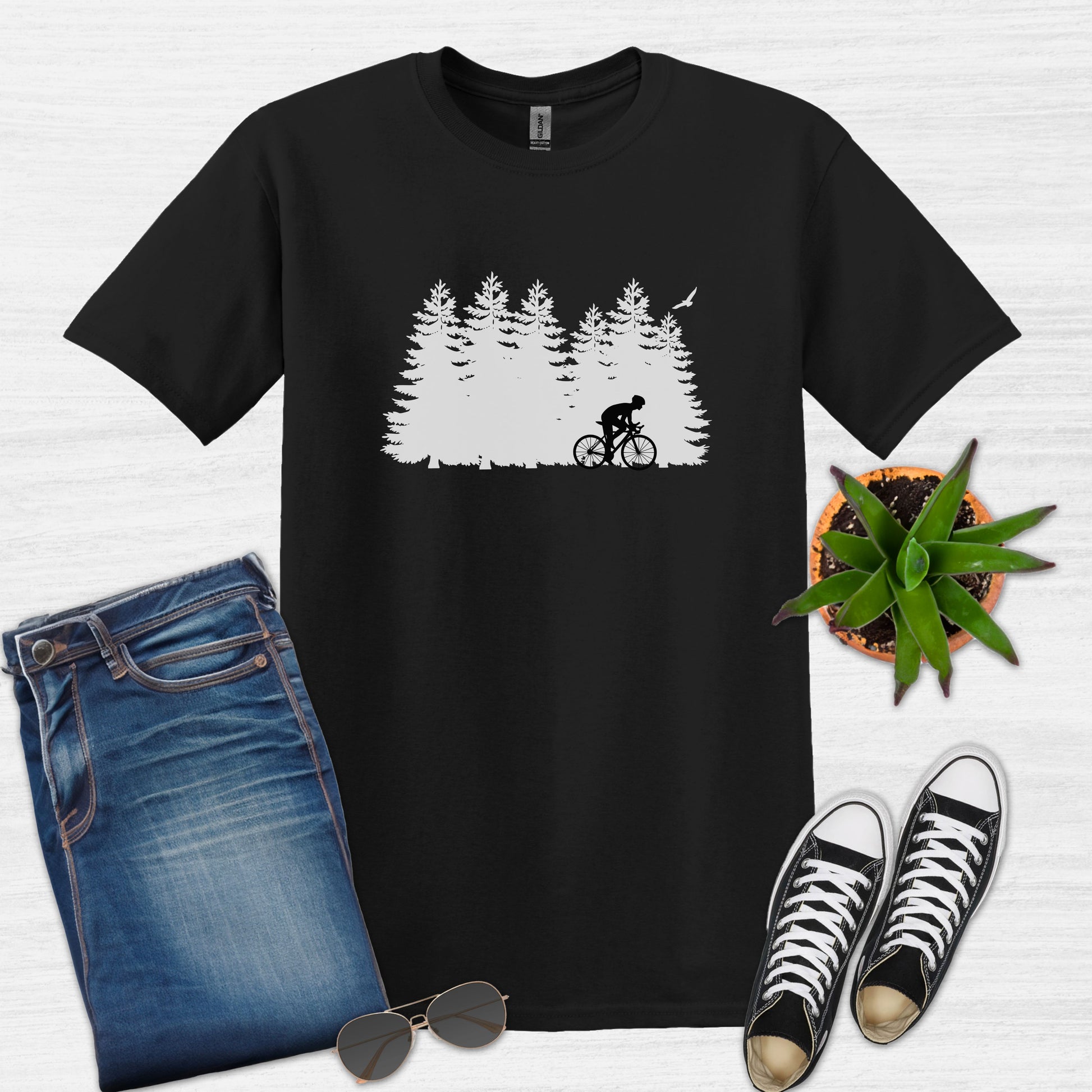 Bike Bliss Forest Silhouette Cycling Mountain T-Shirt for men Black