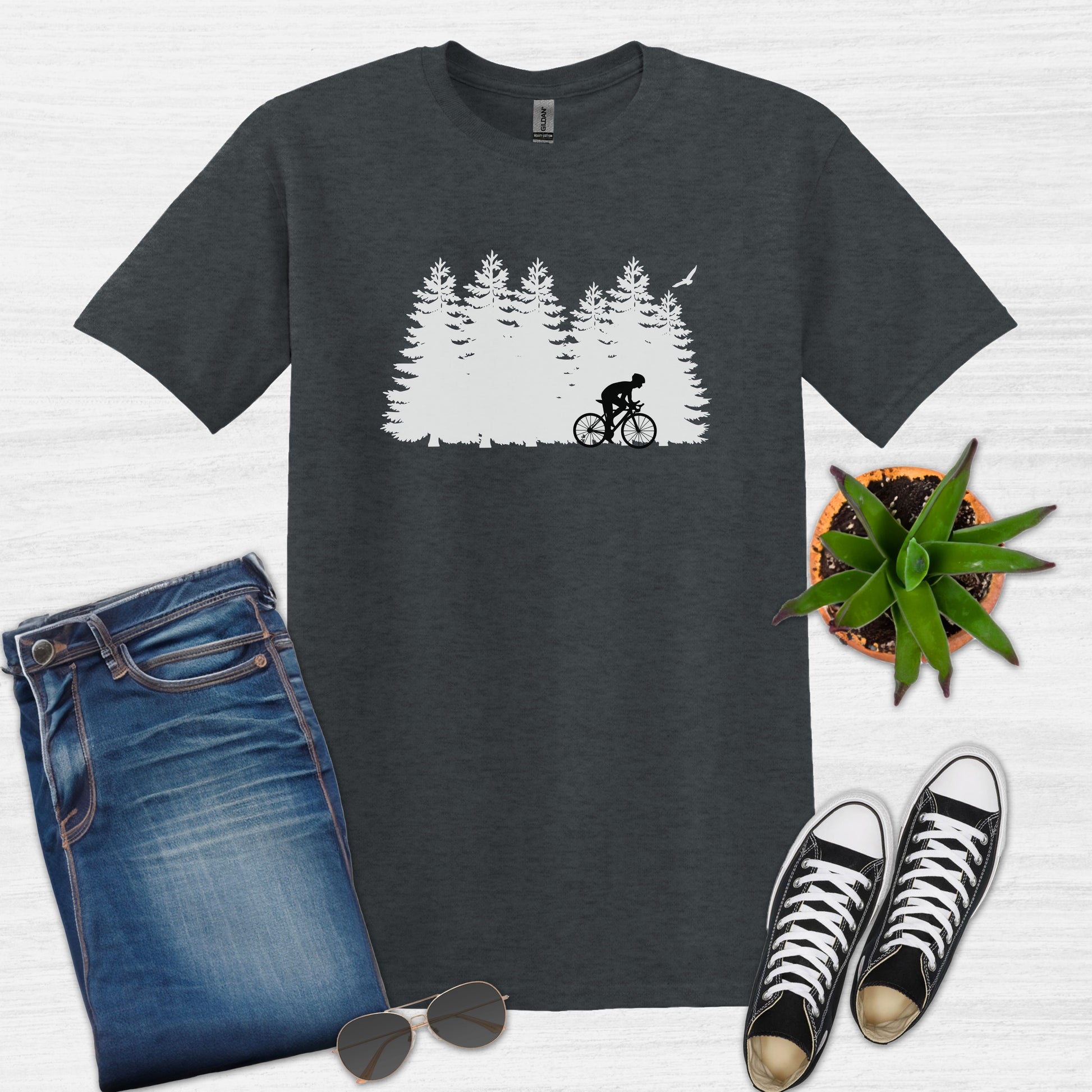 Bike Bliss Forest Silhouette Cycling Mountain T-Shirt for men Dark Heather