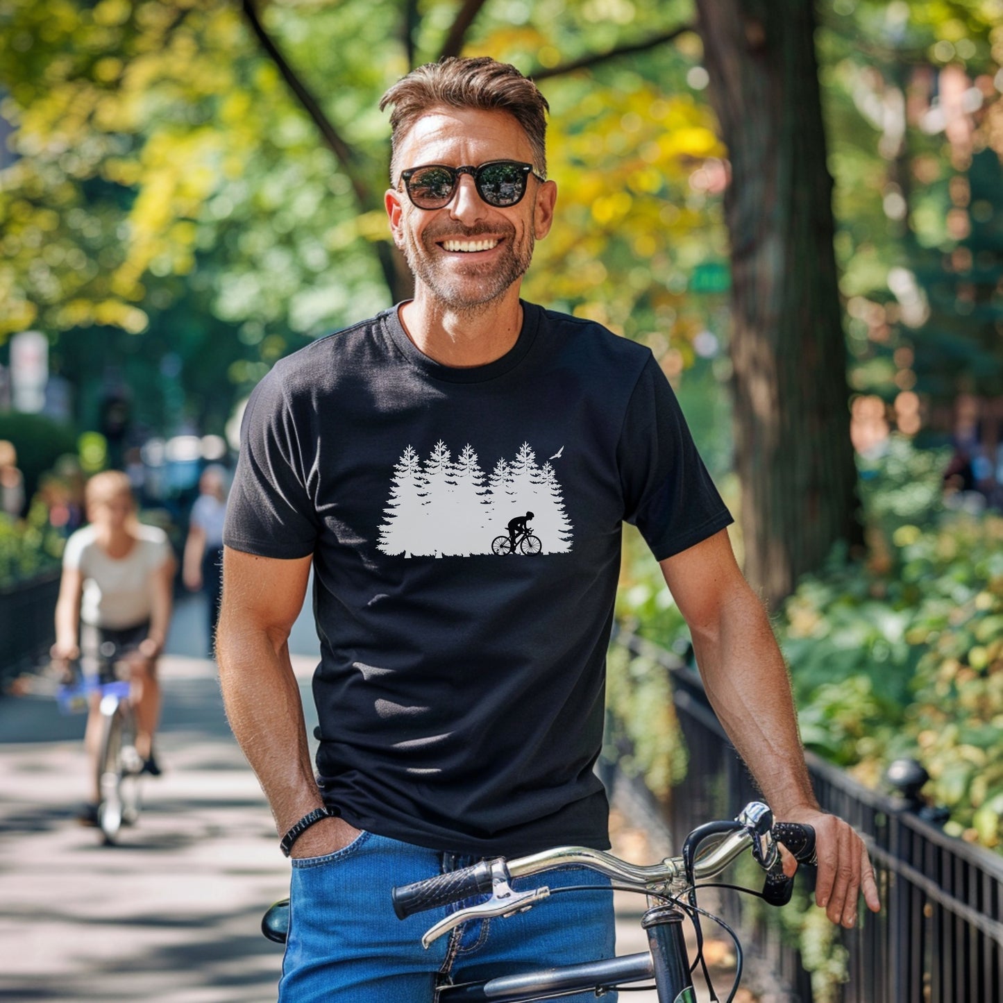 Bike Bliss Forest Silhouette Cycling Mountain T-Shirt for men Model 2