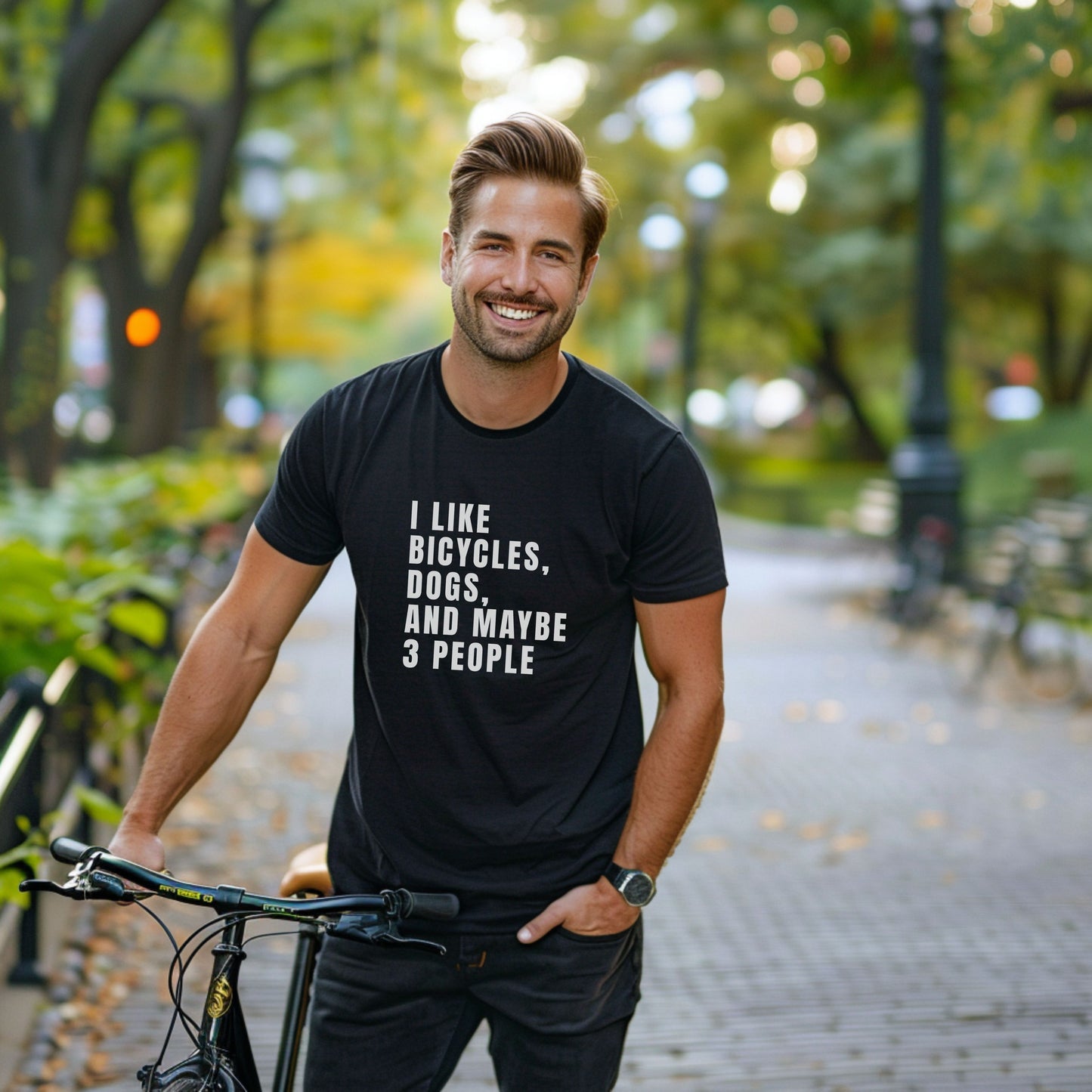 Bike Bliss I Like bicycles dogs and maybe 3 people T-Shirt for men Model