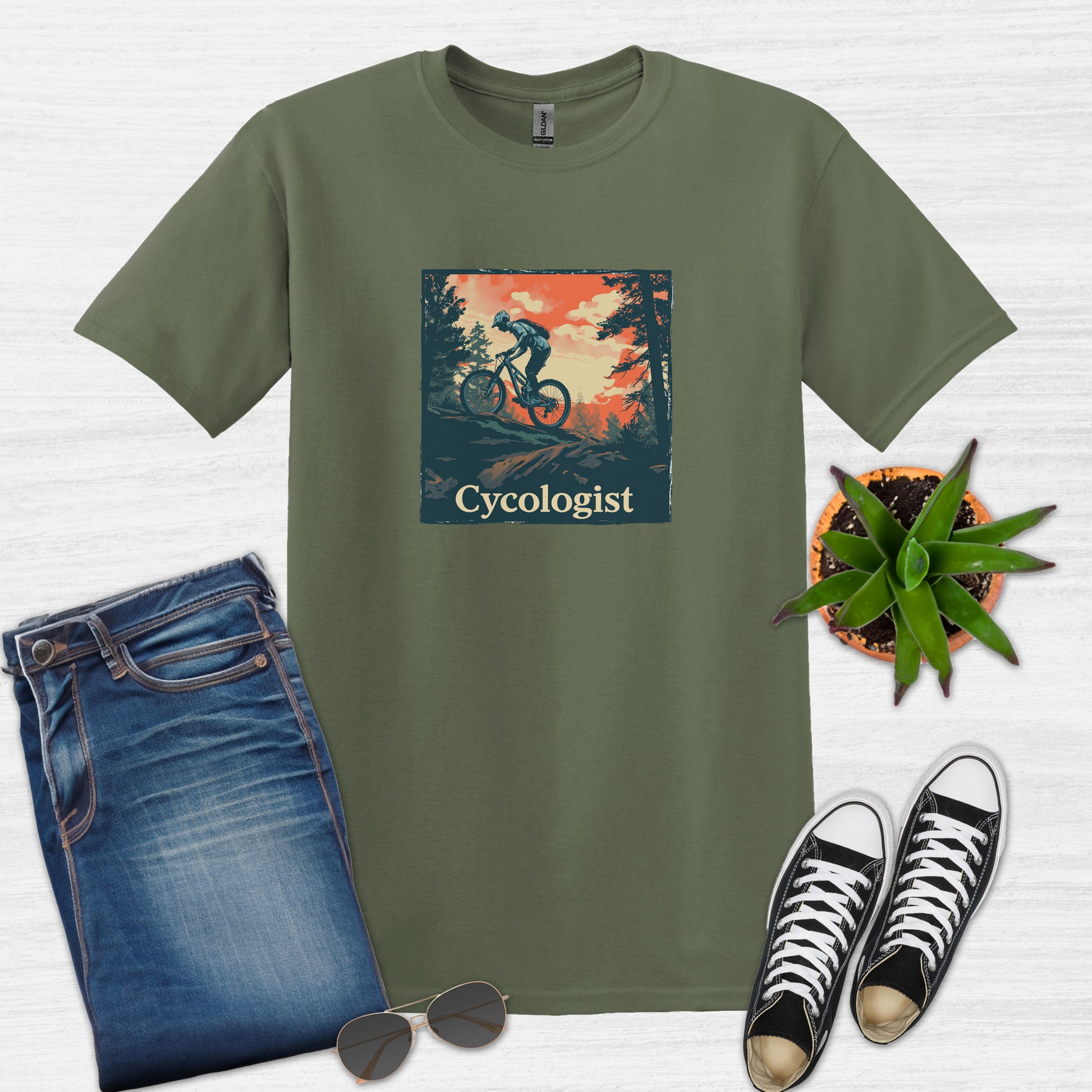Bike Bliss Men Mountain Bike T-Shirt Cycologist Print Military Green