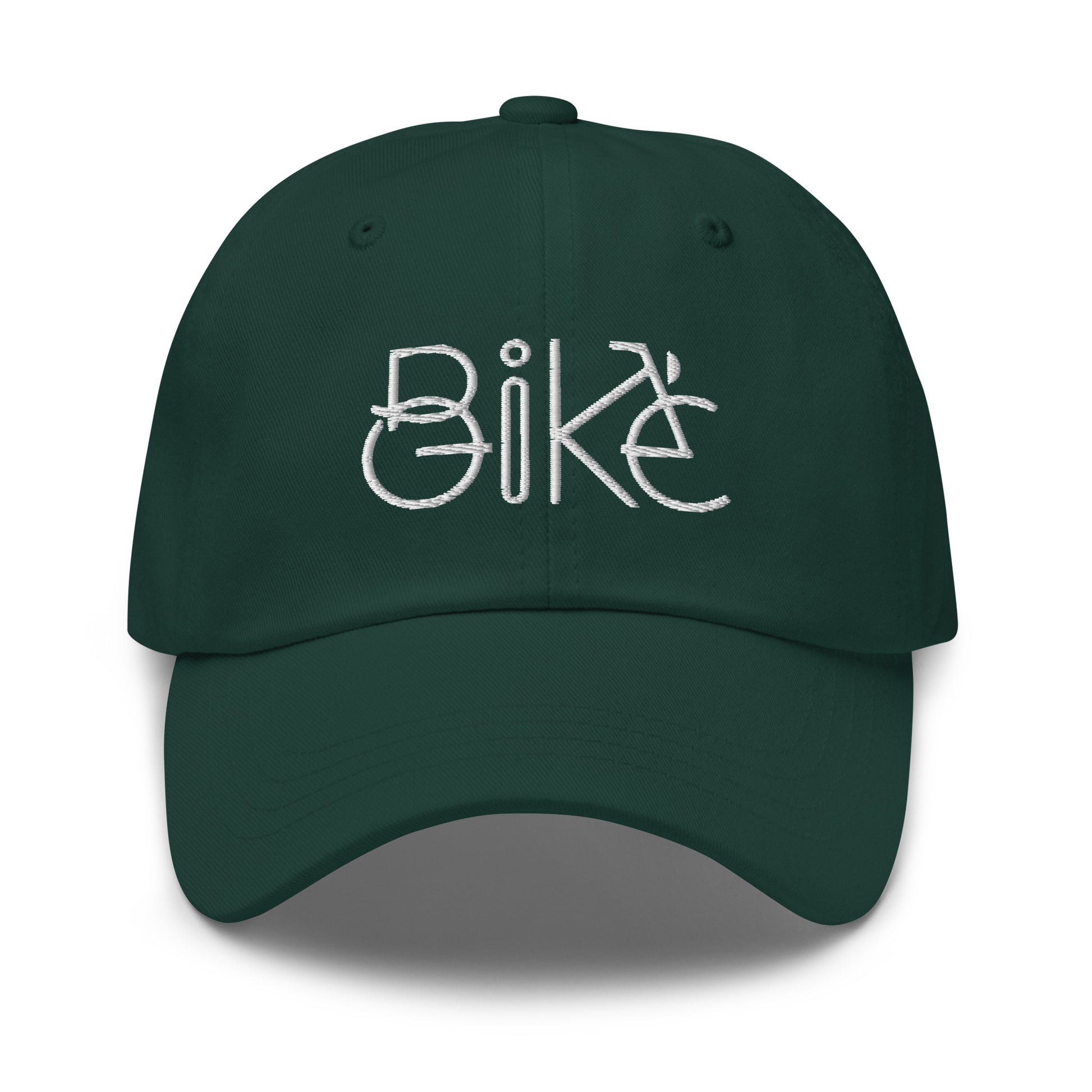 Bike Bliss Minimalist Bike Text Embroidered Dad hat Green Spruce