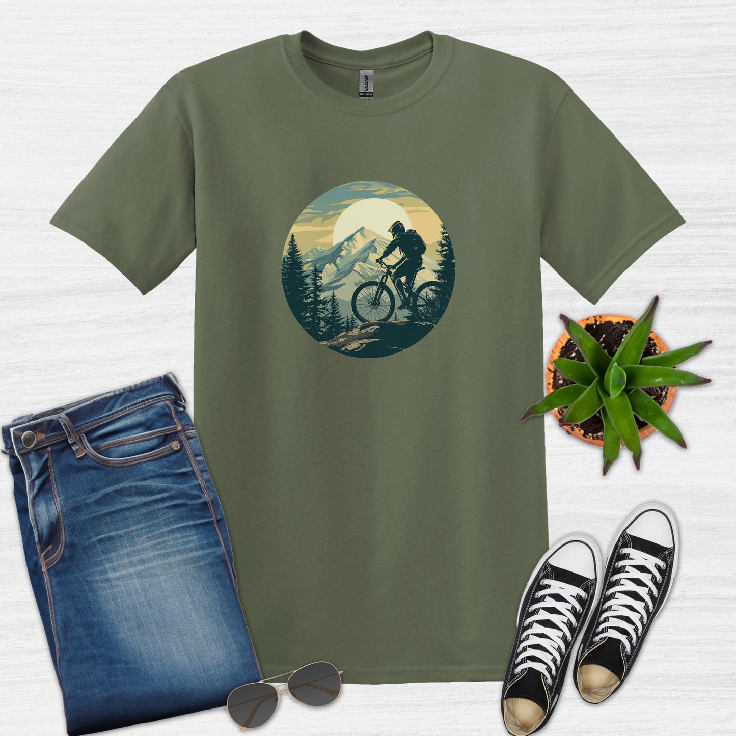 Bike Bliss Mountain Biking Graphic MTB T-Shirt for Men Military Green
