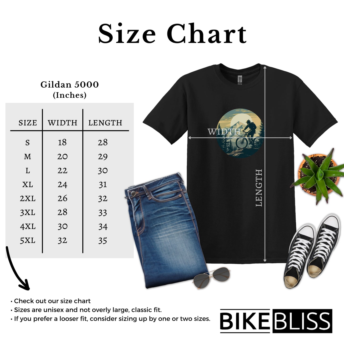 Bike Bliss Mountain Biking Graphic MTB T-Shirt for Men Size Chart