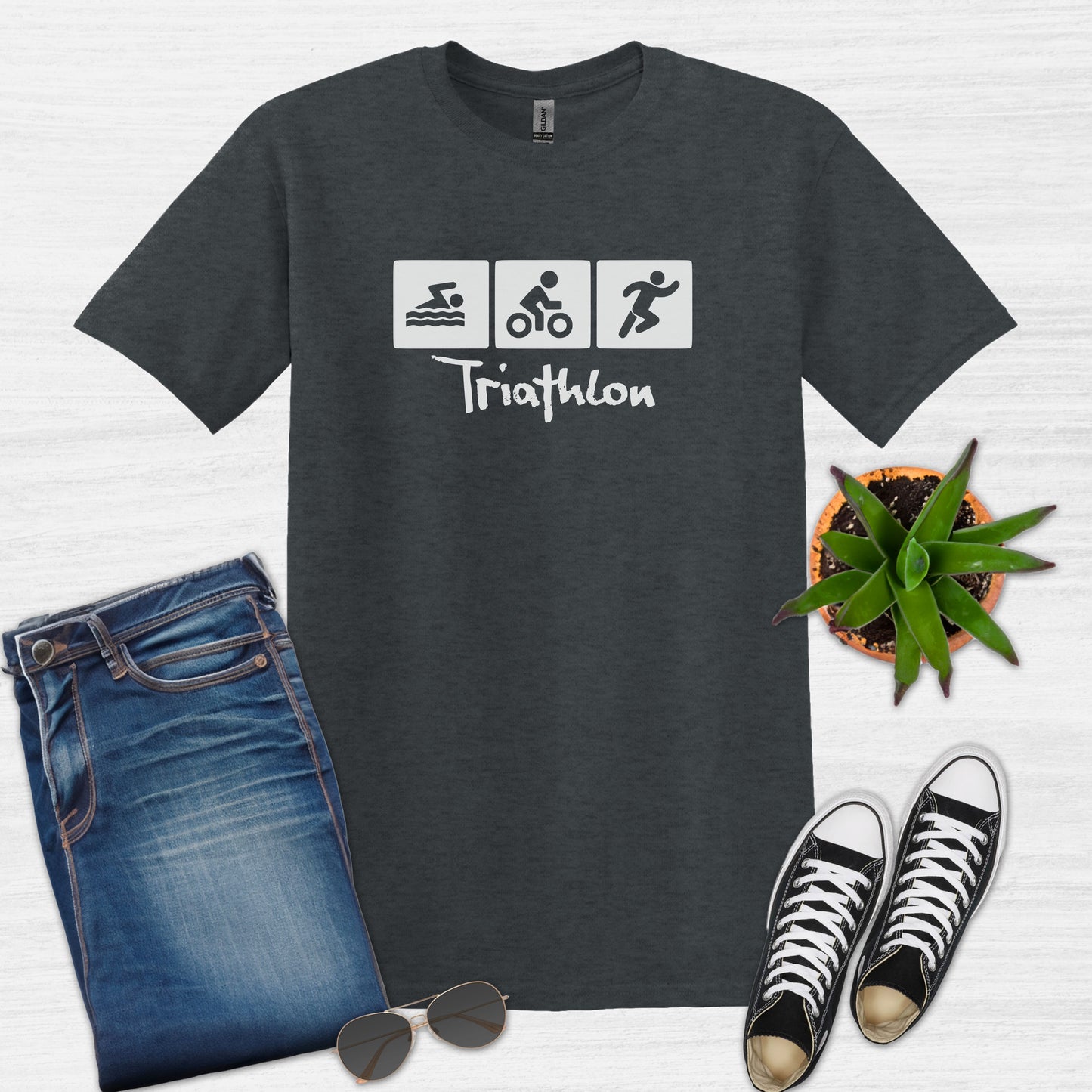 Bike Bliss Swim Bike Run Icons Triathlon T-Shirt for men Dark Heather