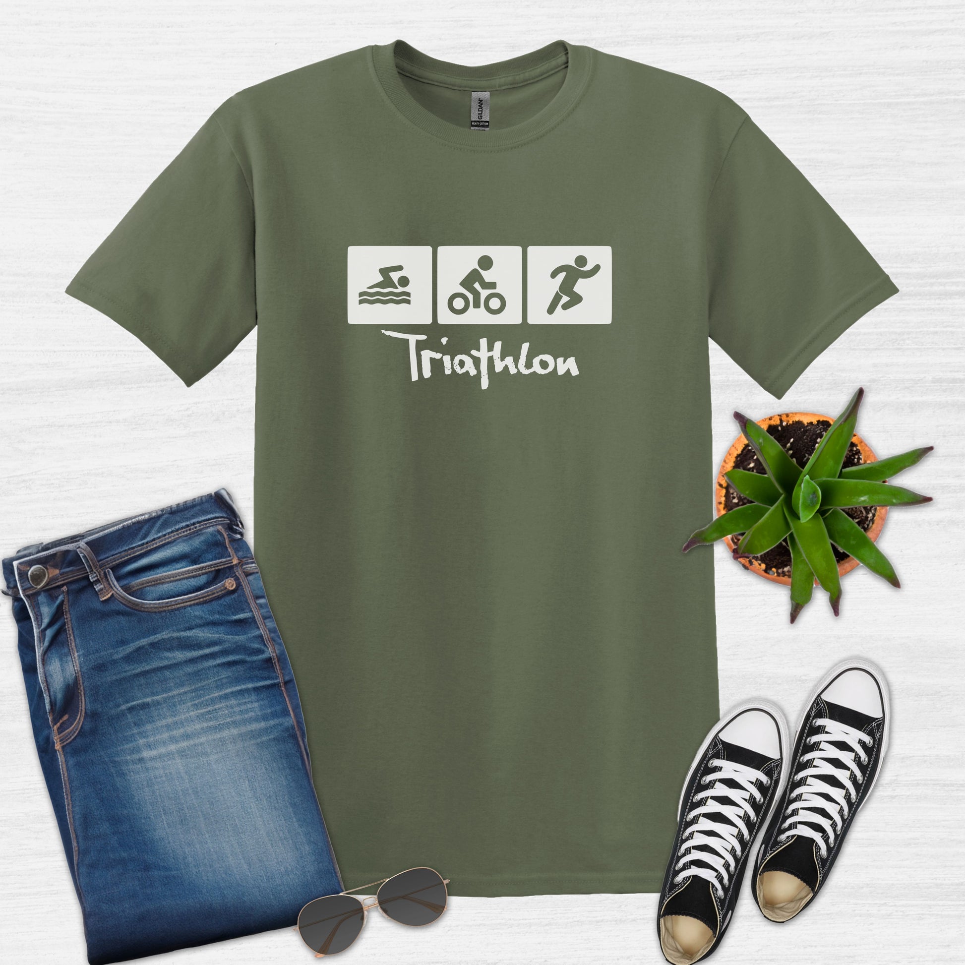 Bike Bliss Swim Bike Run Icons Triathlon T-Shirt for men Military Green
