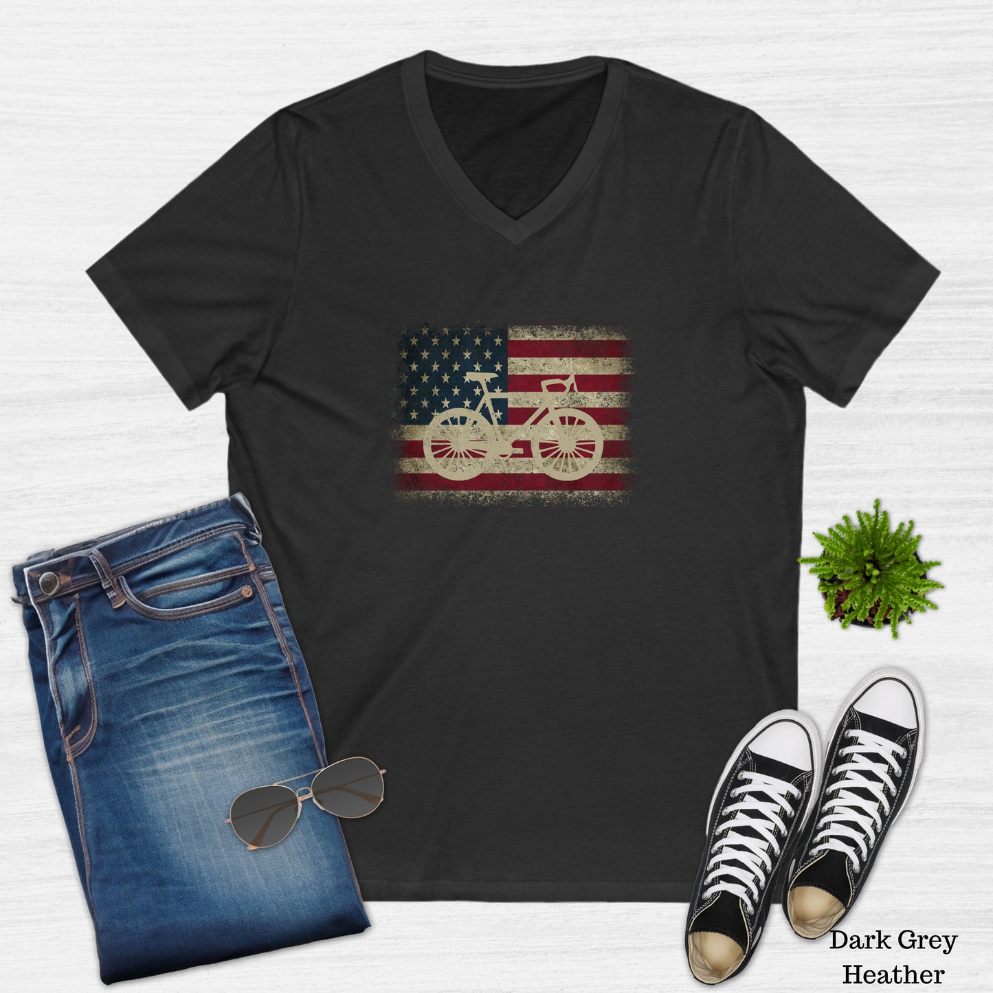 Vintage Bicycle American Flag V-Neck T-Shirt