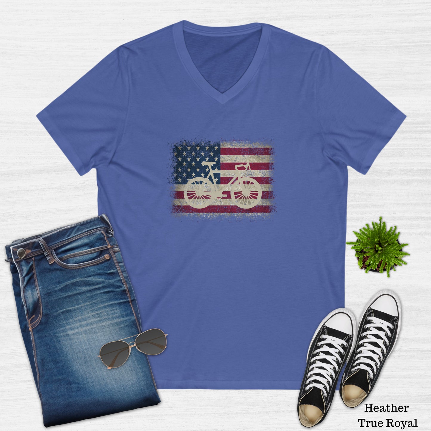 Vintage Bicycle American Flag V-Neck T-Shirt