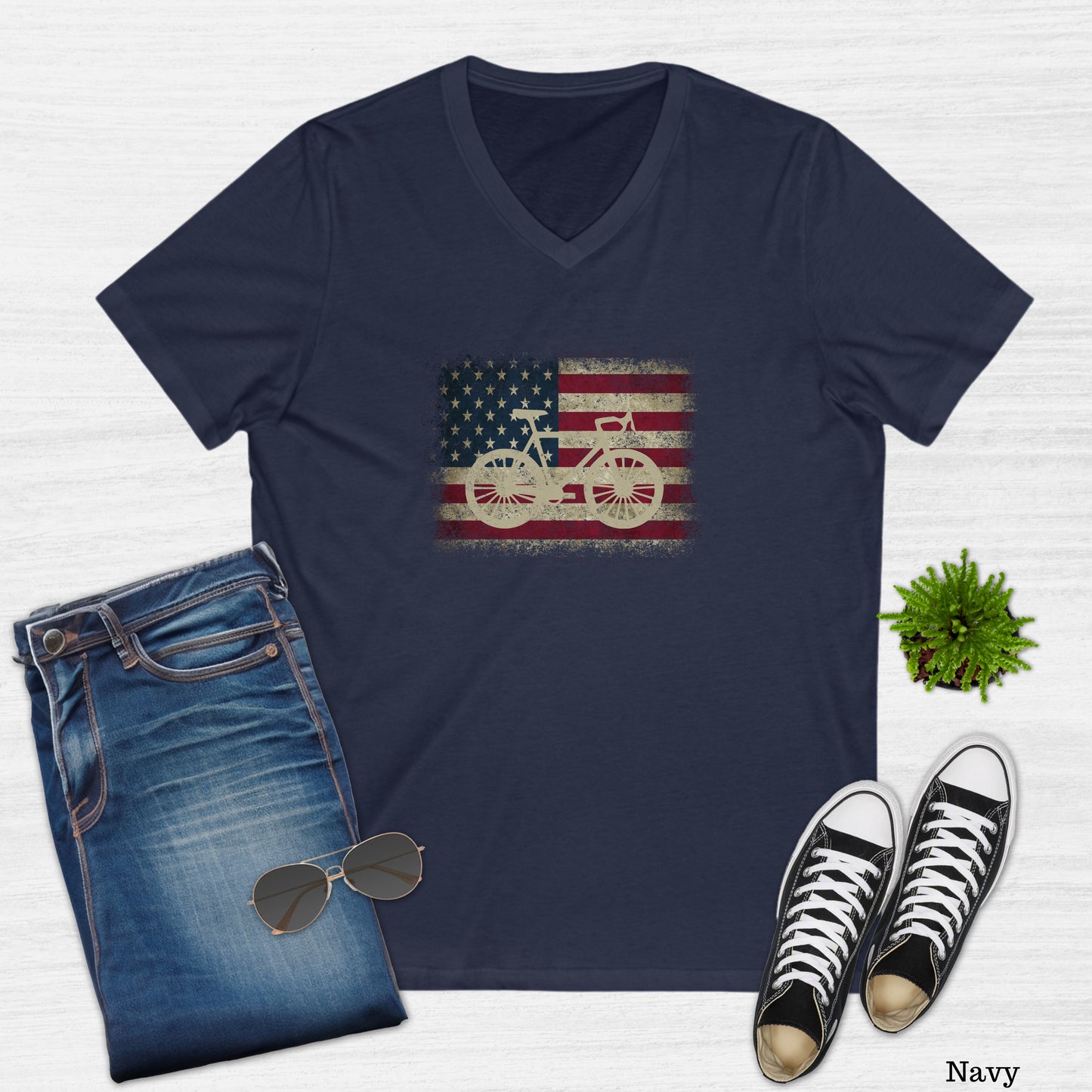 Vintage Bicycle American Flag V-Neck T-Shirt