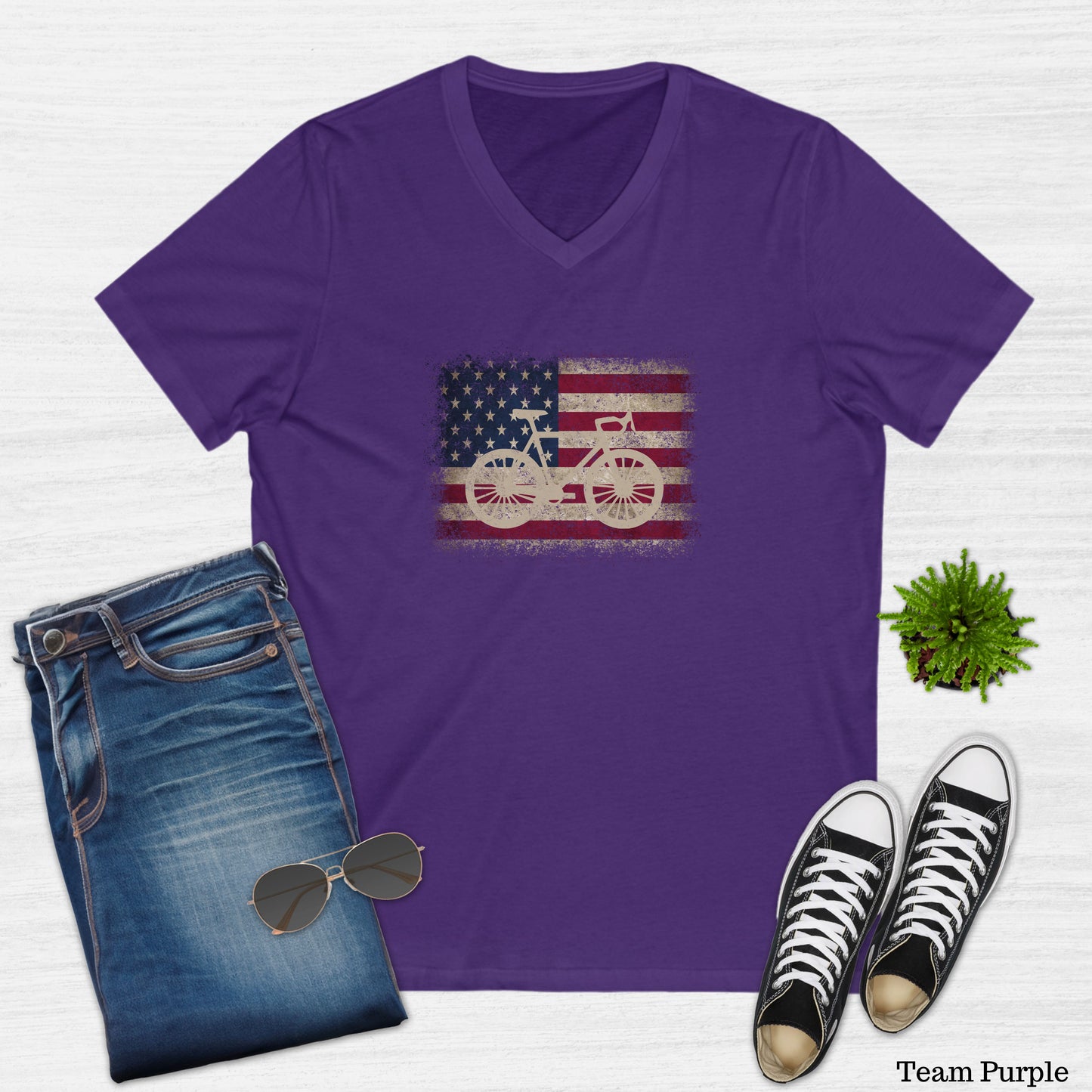 Vintage Bicycle American Flag V-Neck T-Shirt