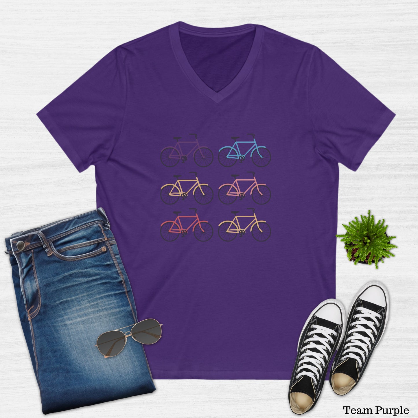 Women's Retro Multicolor Bikes V-Neck T-Shirt