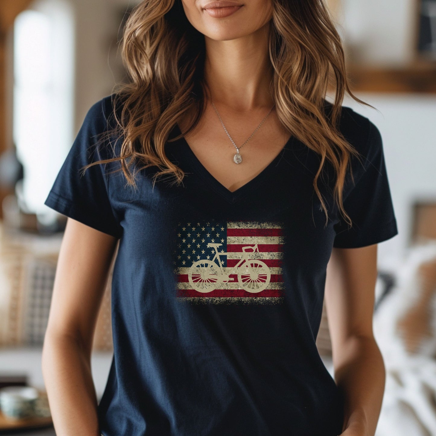 Vintage Bicycle American Flag V-Neck T-Shirt