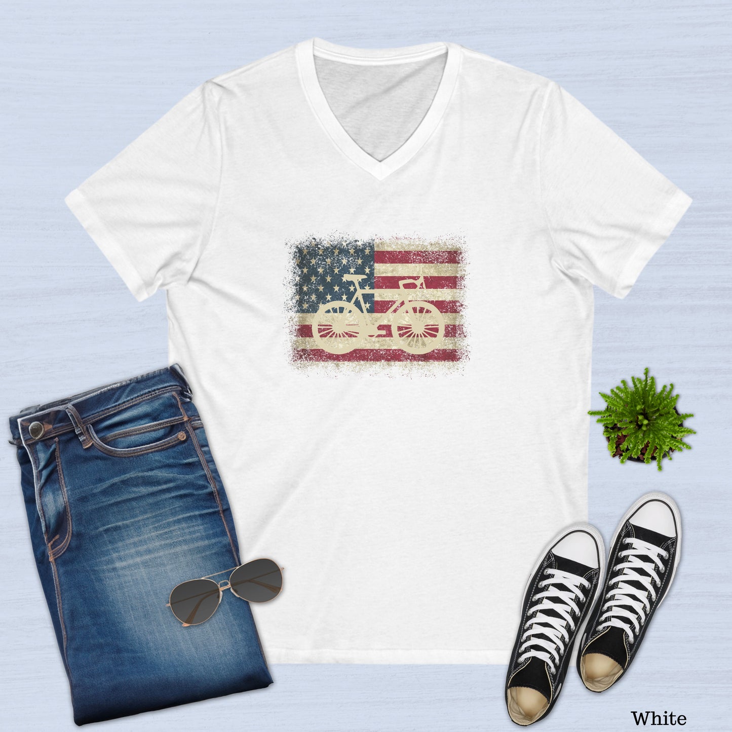 Vintage Bicycle American Flag V-Neck T-Shirt