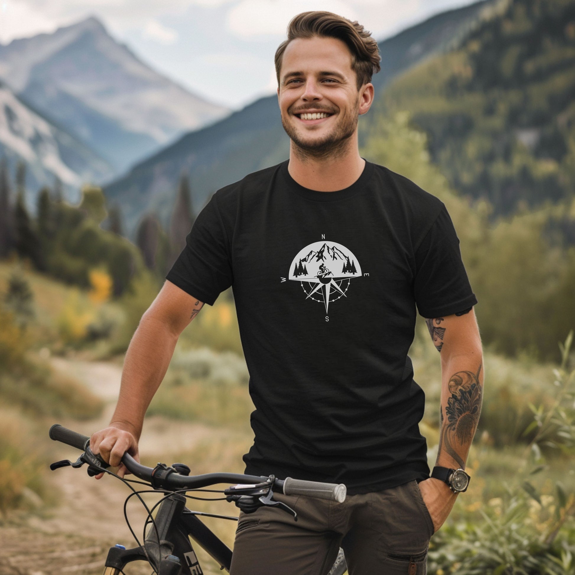 Bike Bliss Adventure Mountain Bike Compass T-Shirt for Men Navy Model 2