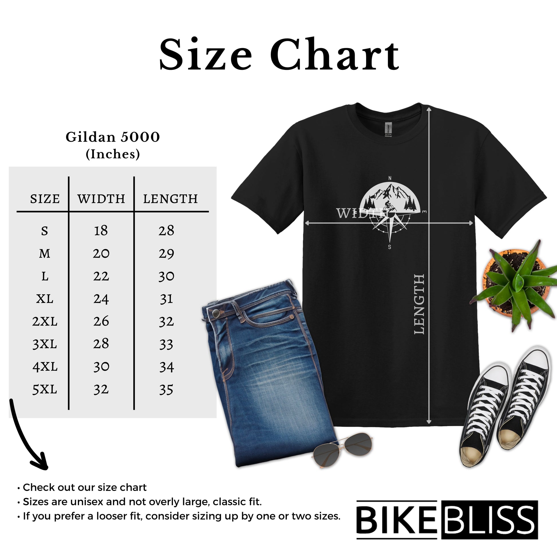 Bike Bliss Adventure Mountain Bike Compass T-Shirt for Men Size Chart