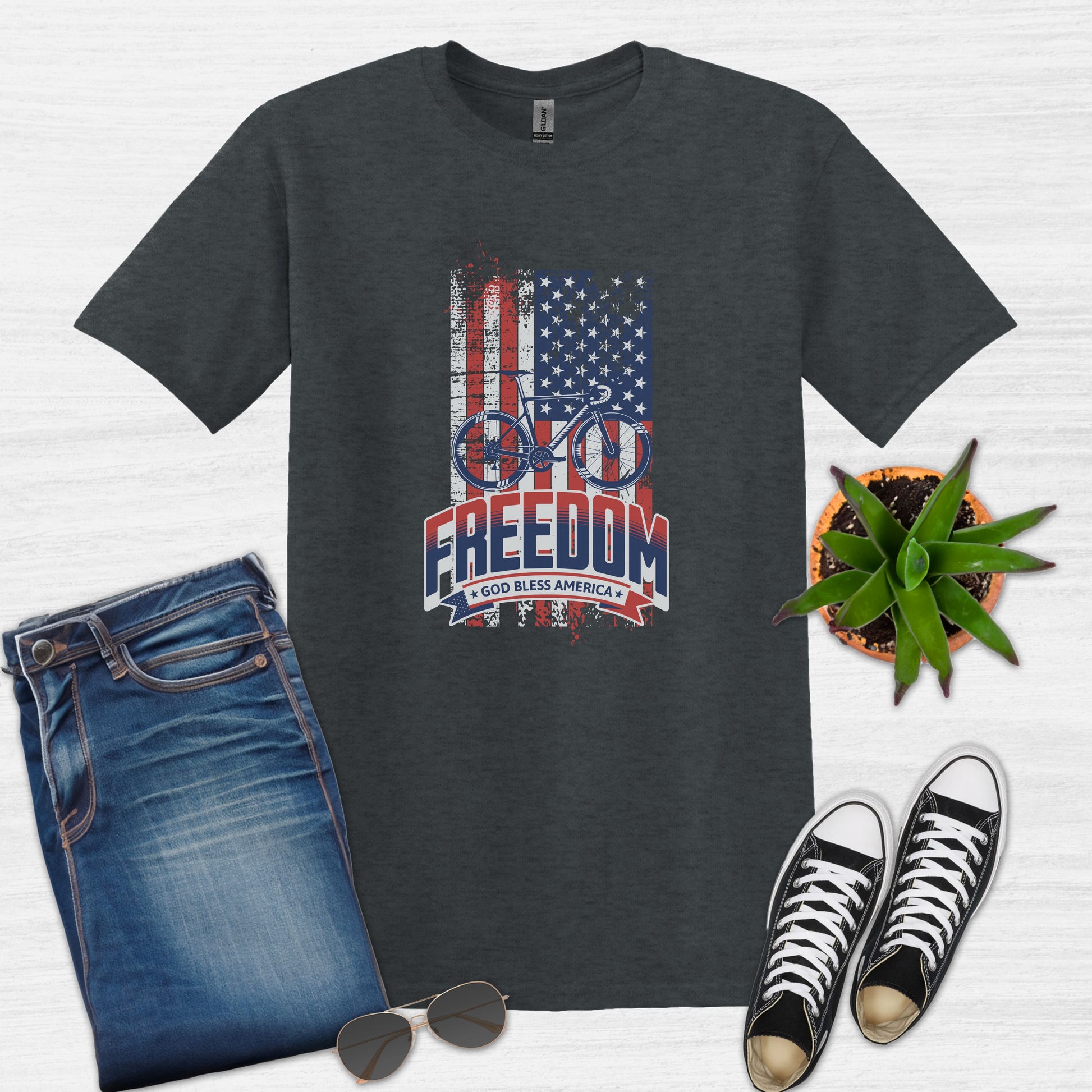 Bike Bliss American Flag USA Freedom Bike T-Shirt for Men Dark Heather