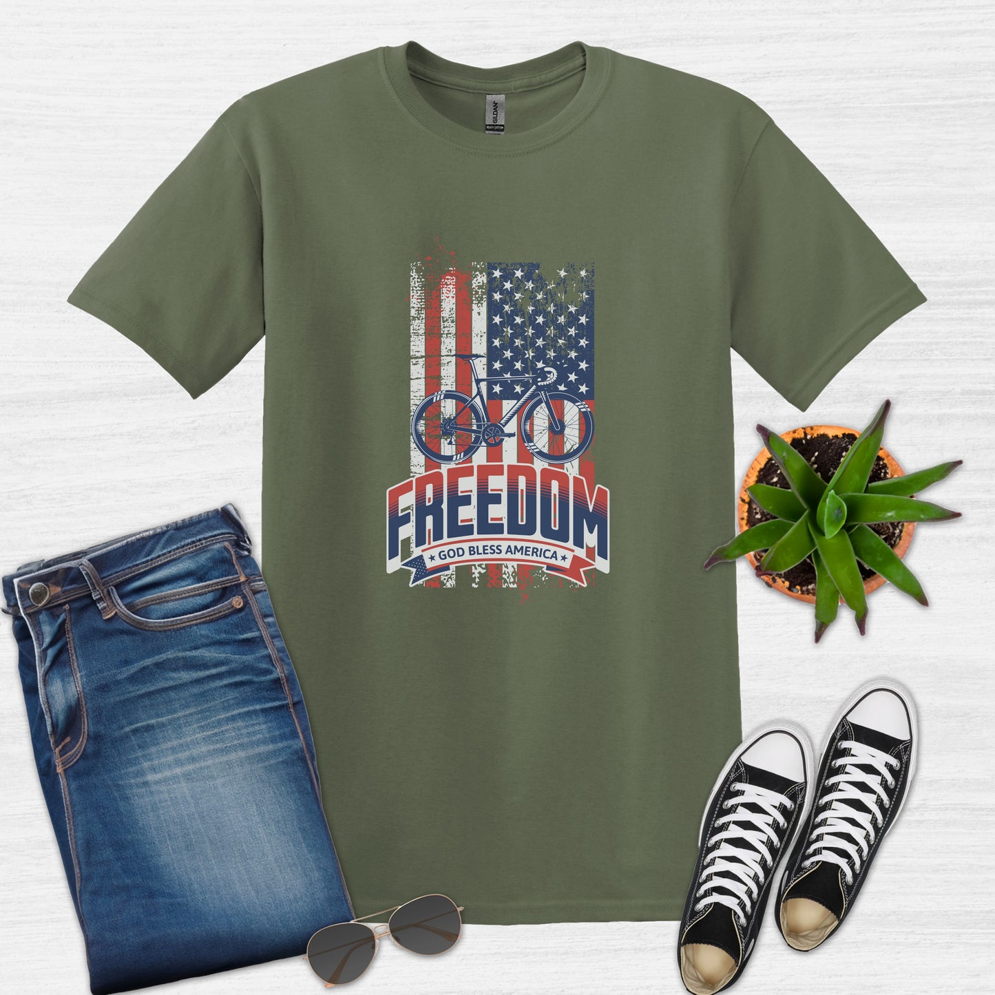 Bike Bliss American Flag USA Freedom Bike T-Shirt for Men Military Green
