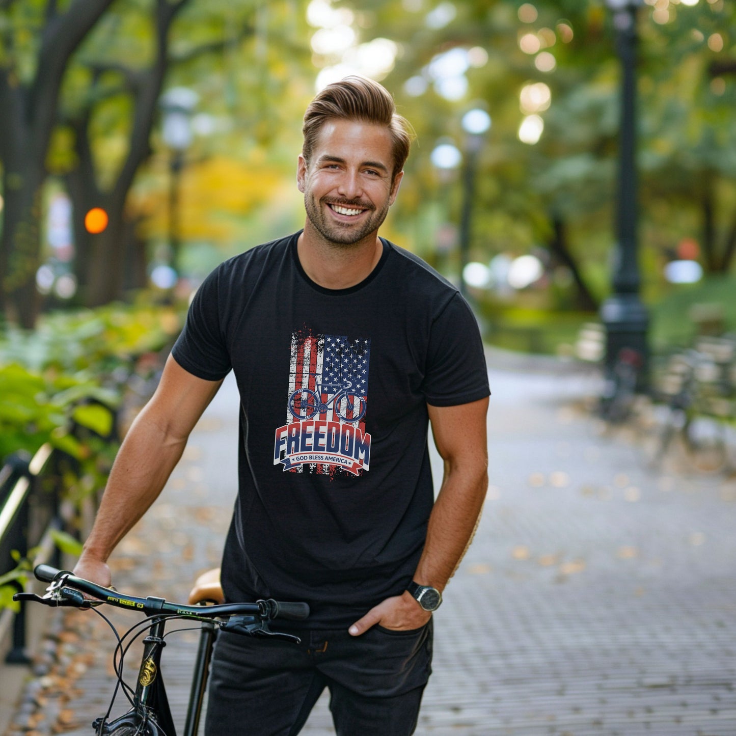 Bike Bliss American Flag USA Freedom Bike T-Shirt for Men Model