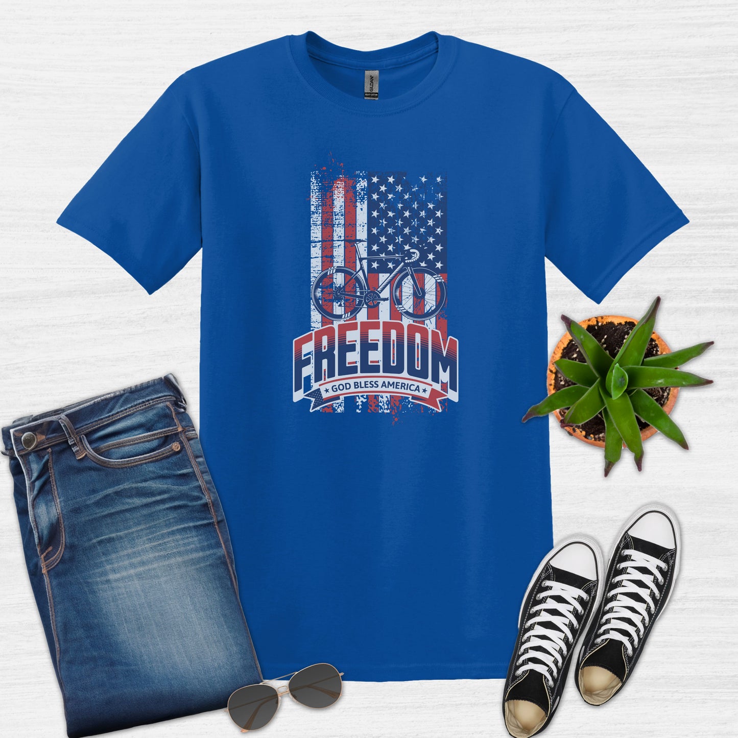 Bike Bliss American Flag USA Freedom Bike T-Shirt for Men Royal Blue
