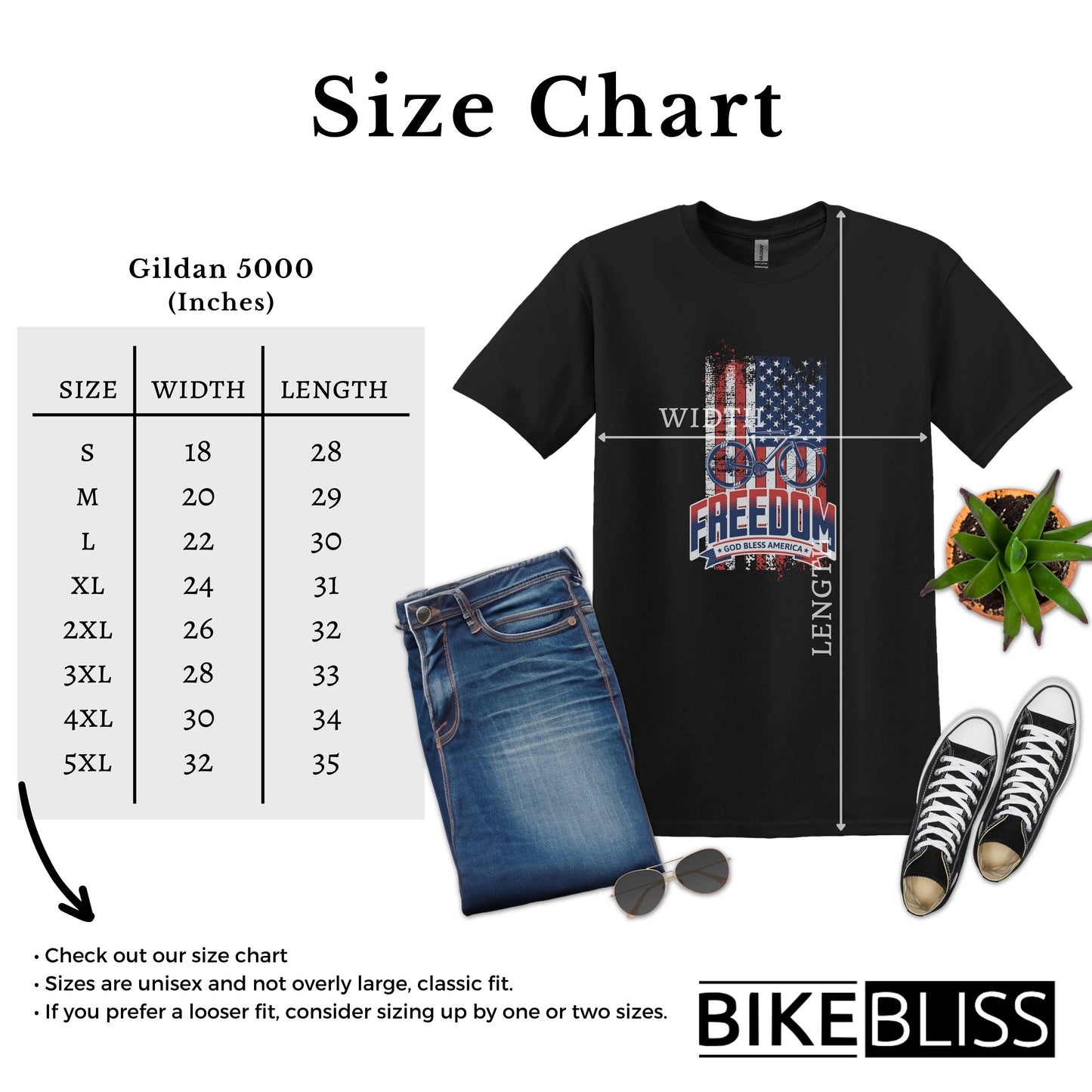 Bike Bliss American Flag USA Freedom Bike T-Shirt for Men Size Chart