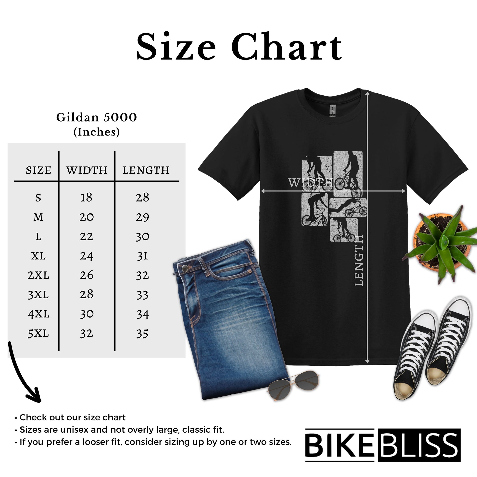 Bike Bliss BMX Dirt Jump Bike Cycling Freestyle T-Shirt Size Chart