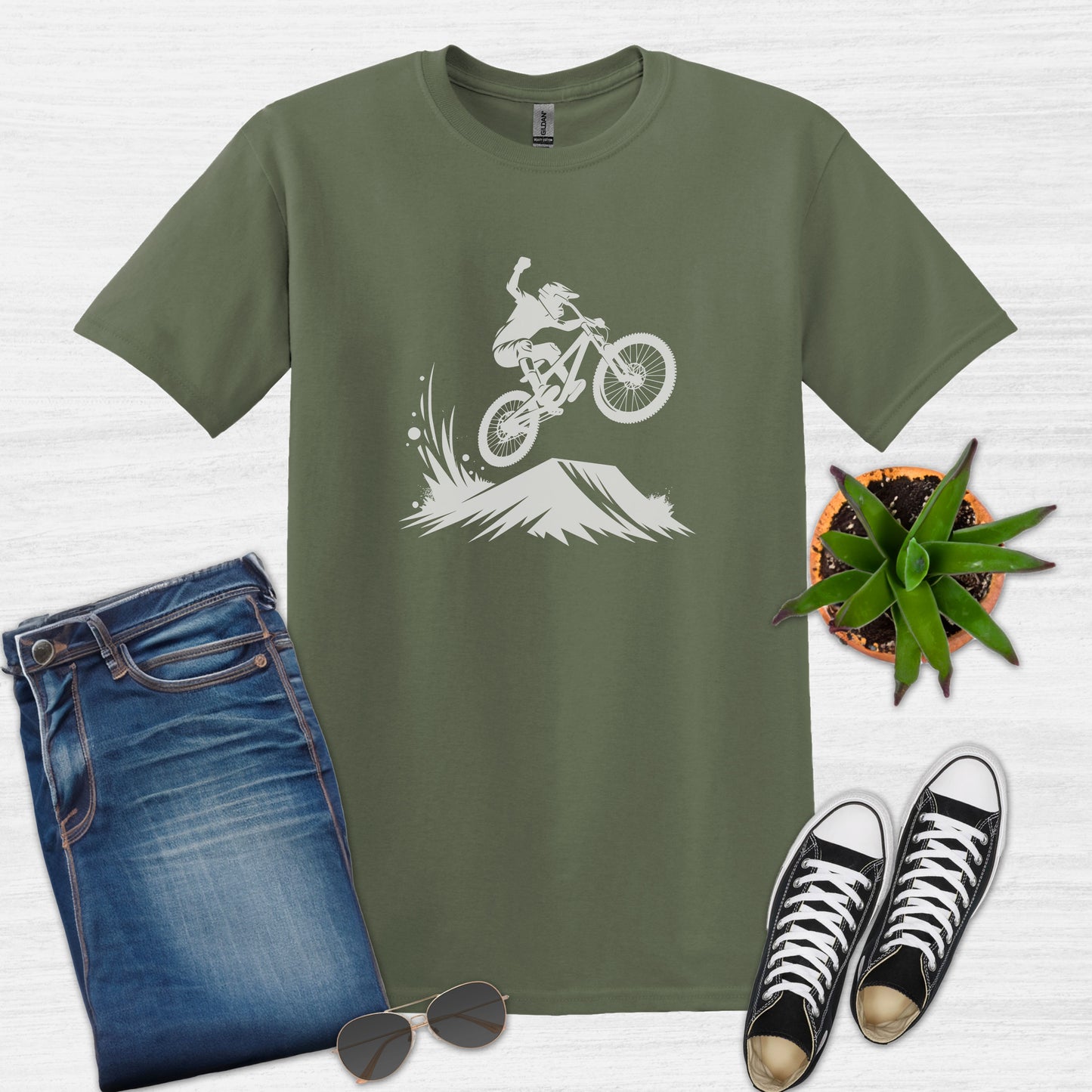 Bike Bliss BMX Rider Dirt Bike Jump T-Shirt for Men Military Green