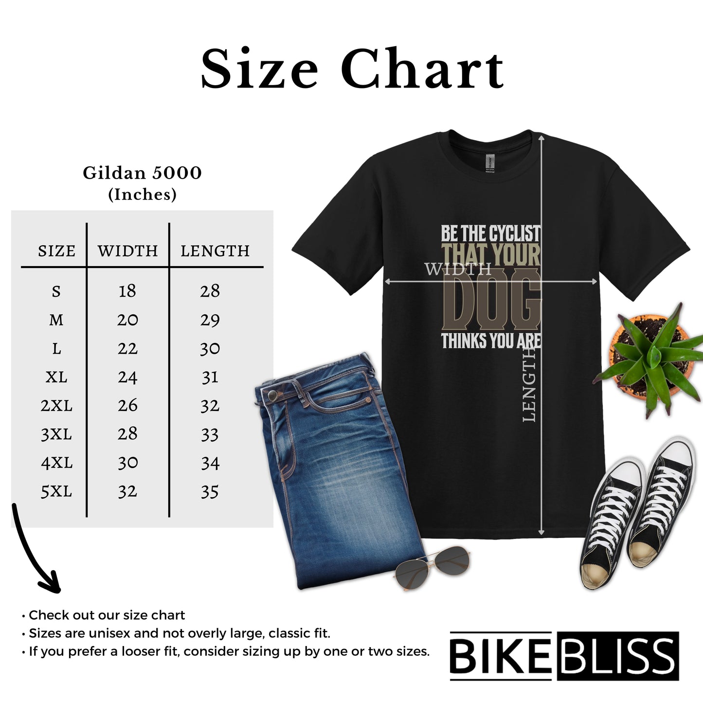 Bike Bliss Be the cyclist that your dog thinks you are T-Shirt for Men Size Size Chart