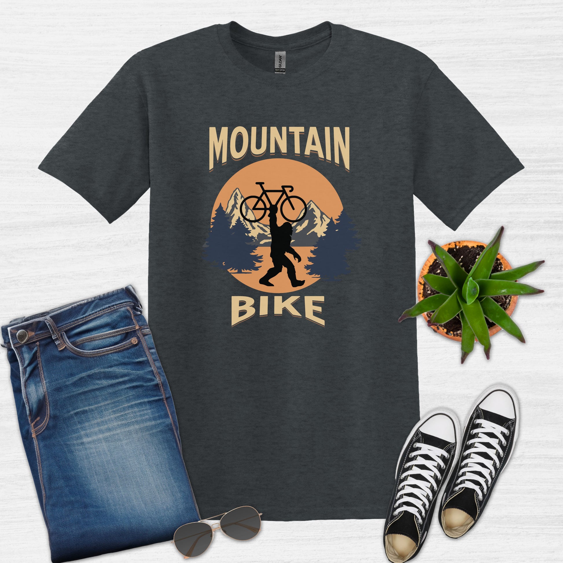 Bike Bliss Bigfoot Mountain Bike T-Shirt for Outdoor Cycling Enthusiasts for Men Dark Heather