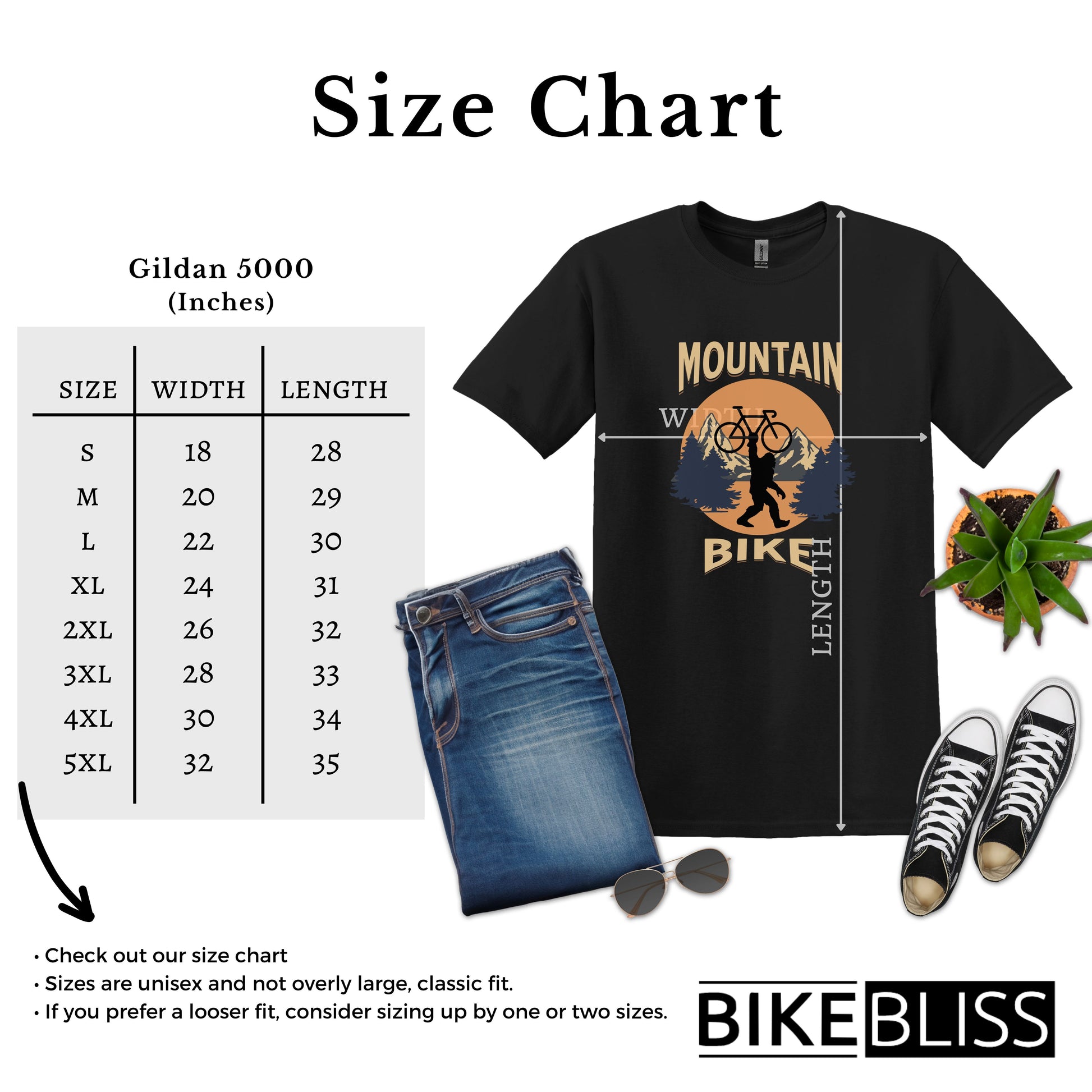 Bike Bliss Bigfoot Mountain Bike T-Shirt for Outdoor Cycling Enthusiasts for Men Size Chart