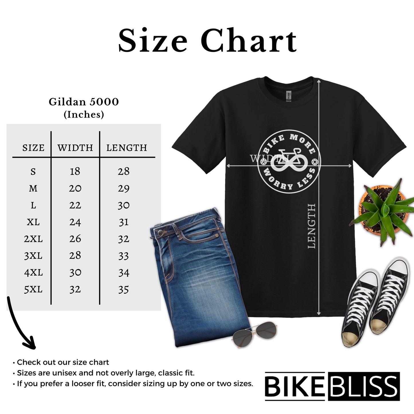 Bike Bliss Bike More Worry Less T-Shirt for Men Size Chart