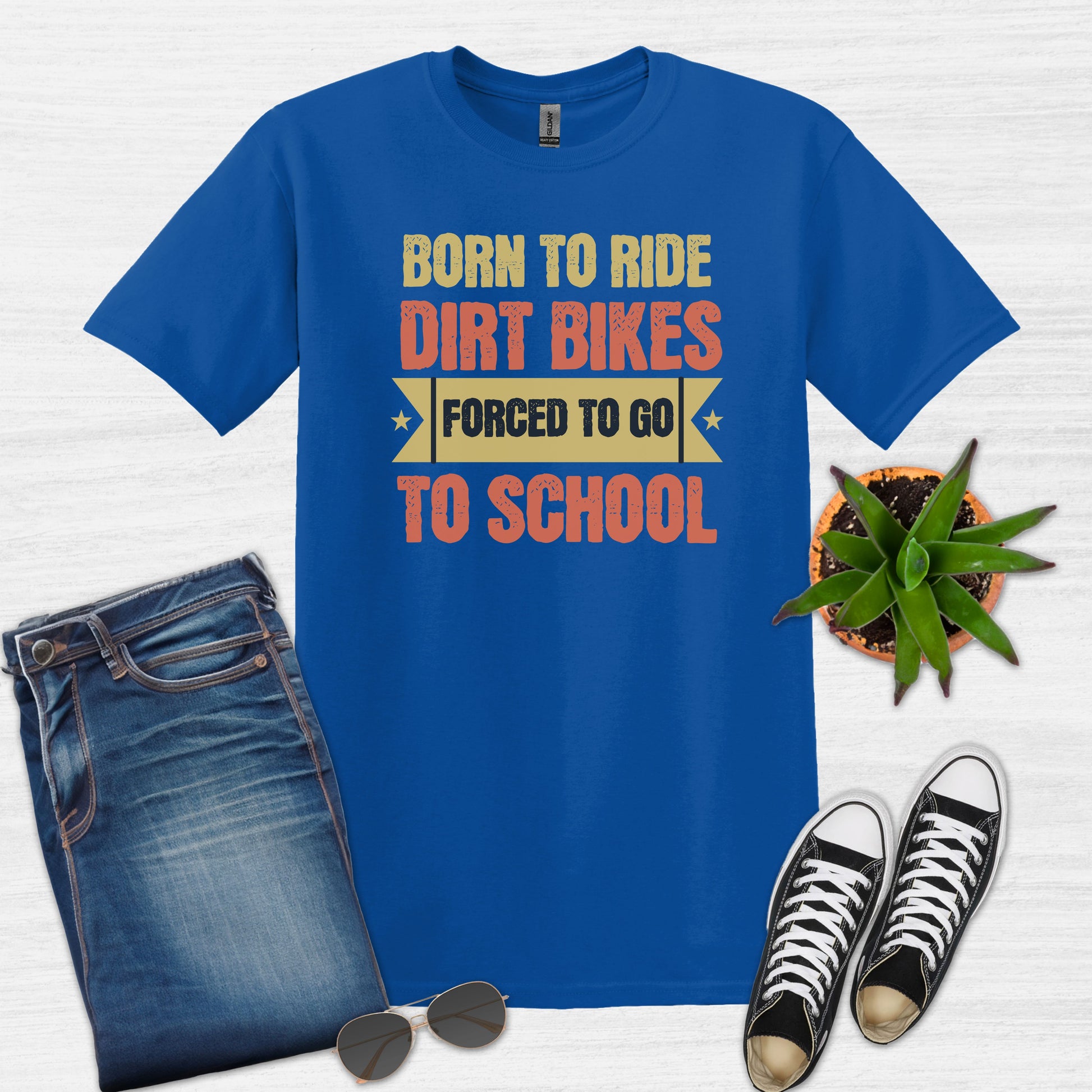 Bike Bliss Born to Ride Dirt Bikes Forced to go to School T-shirt for Men Royal Blue