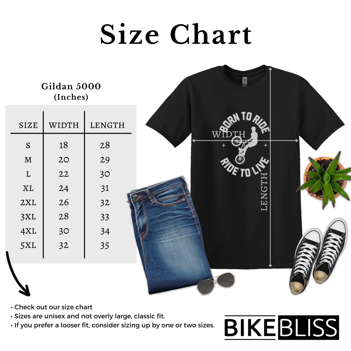 Bike Bliss Born to Ride Ride to Live BMX Jump Bike T-shirt for Men Size Chart